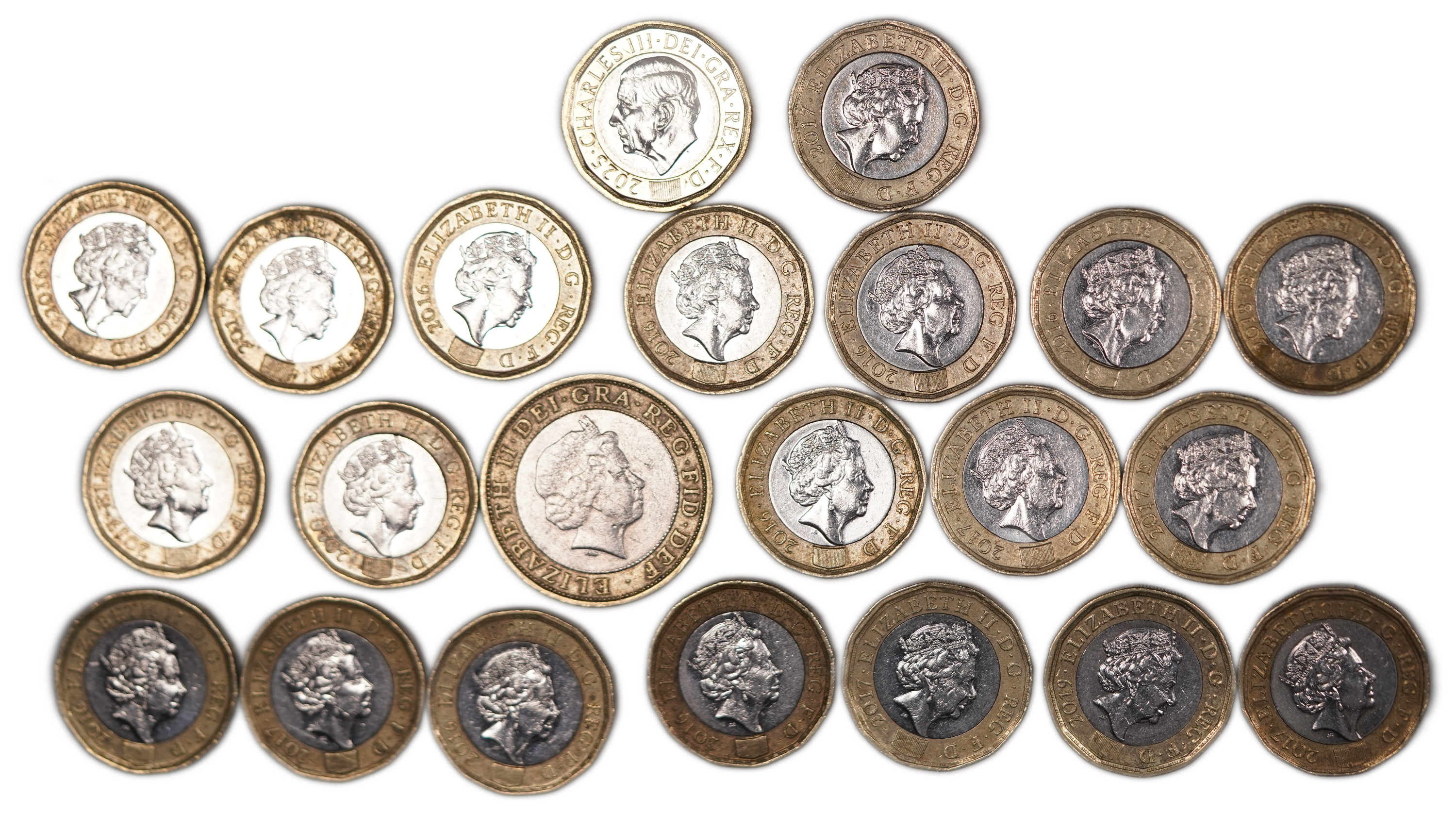Great Britain - Lot of 22 Coins: 21 One Pound Coins and One Two Pound Coin - Various Types and Years - 1 1