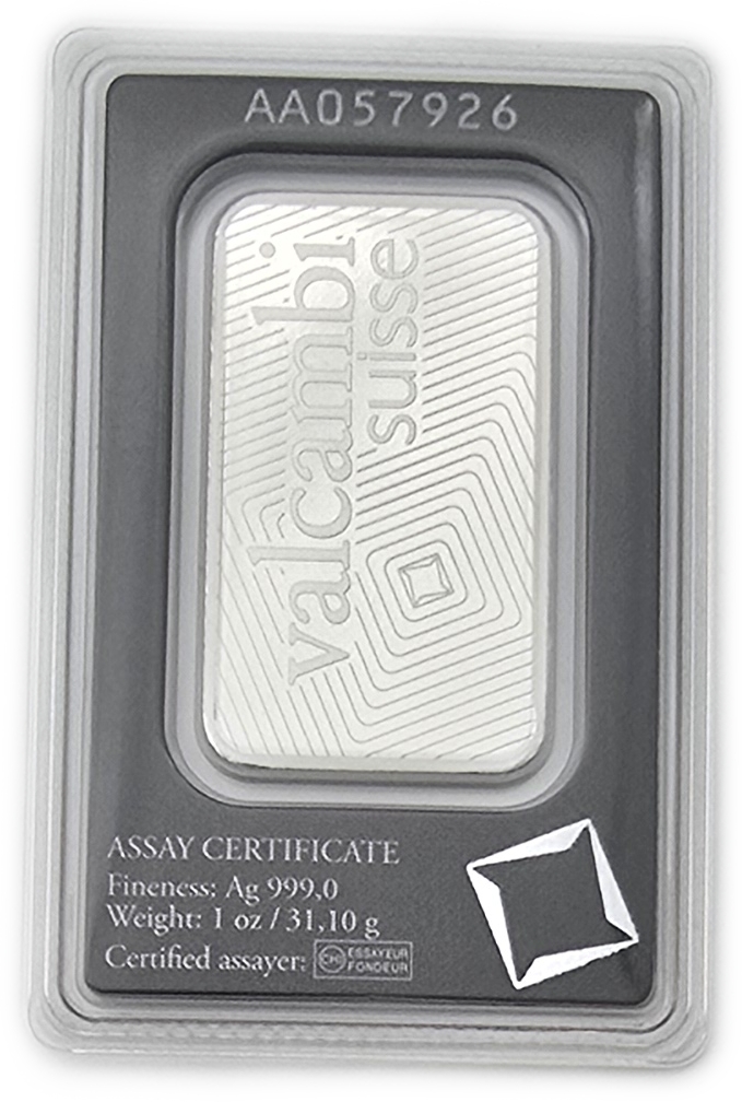 Bullion Bars - Switzerland - Valcambi Suisse Silver Bar, 1 Ounce - Silver 999, 31.10 g, in Original Assay Card - 1 1