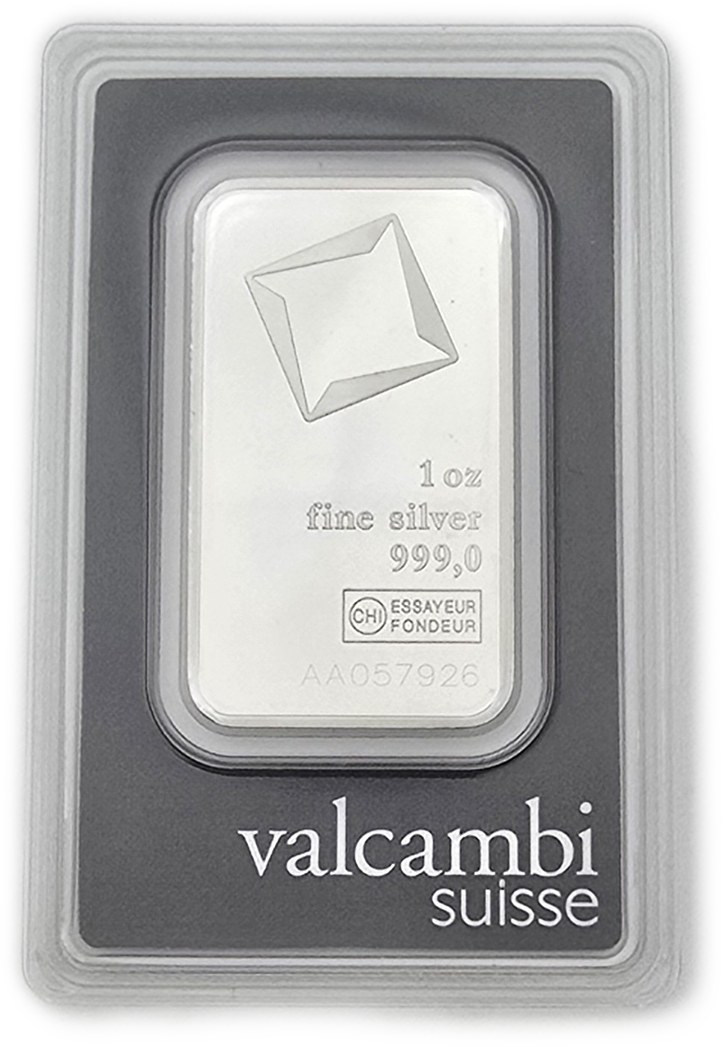 Bullion Bars - Switzerland - Valcambi Suisse Silver Bar, 1 Ounce - Silver 999, 31.10 g, in Original Assay Card
