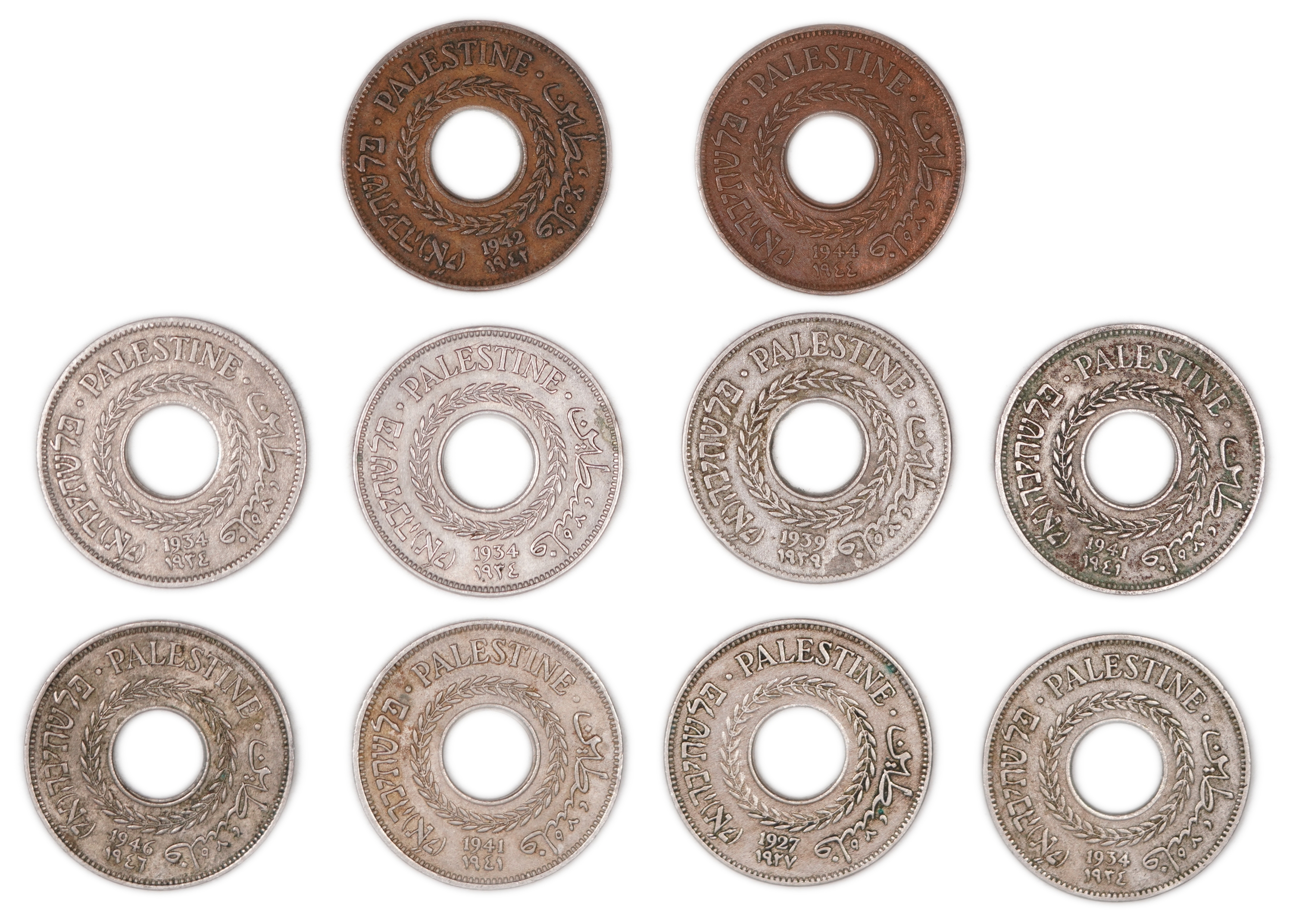 Palestine - Group of 10 British Mandate 5 Mils Coins, 1927-1946 - Copper-Nickel, KM# 3 - Very Fine - 1 0