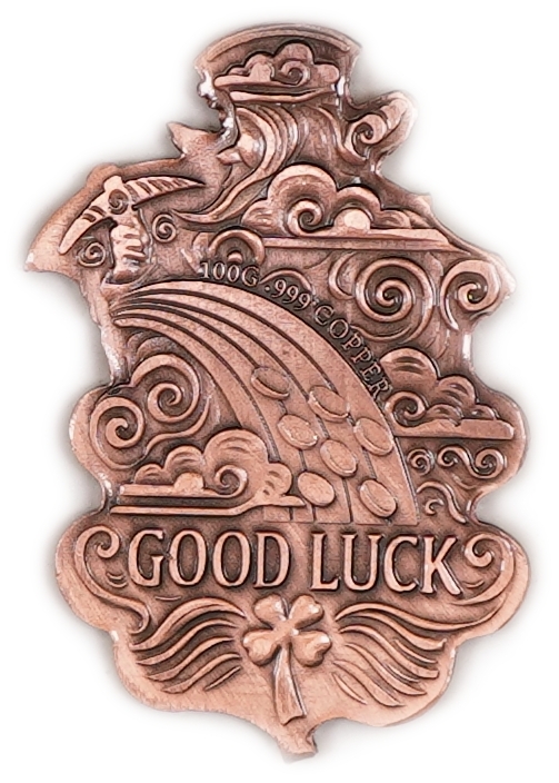 Bullion Bars - "Good Luck" Shaped Copper Bar - Leprechaun and Four-Leaf Clover - .999 Copper, 100g - 1 1