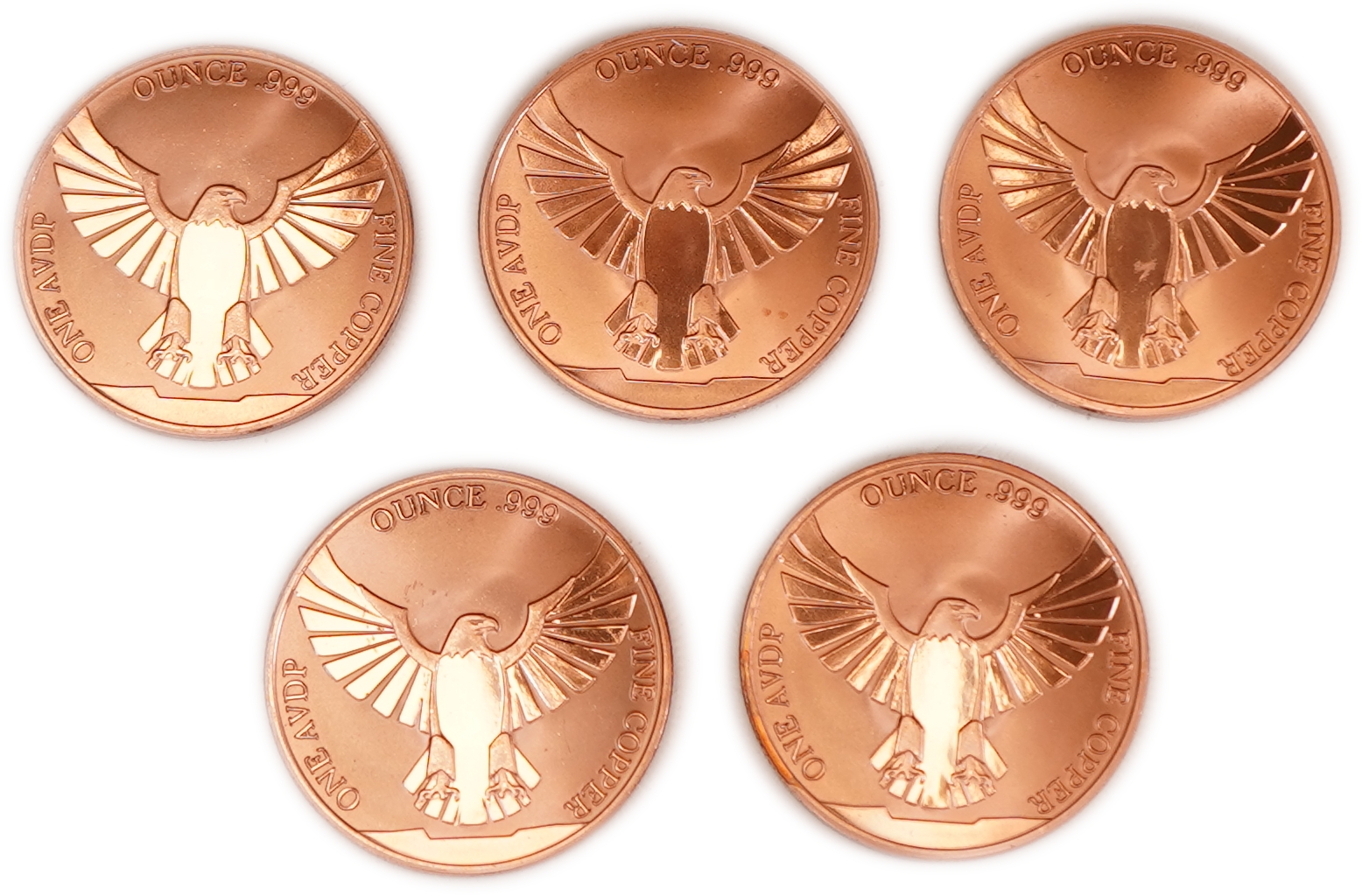 United States - Lot of 5 Round Copper Bars - American Eagle and United States Flag - .999 Copper, One Ounce Each - ... - 1 1