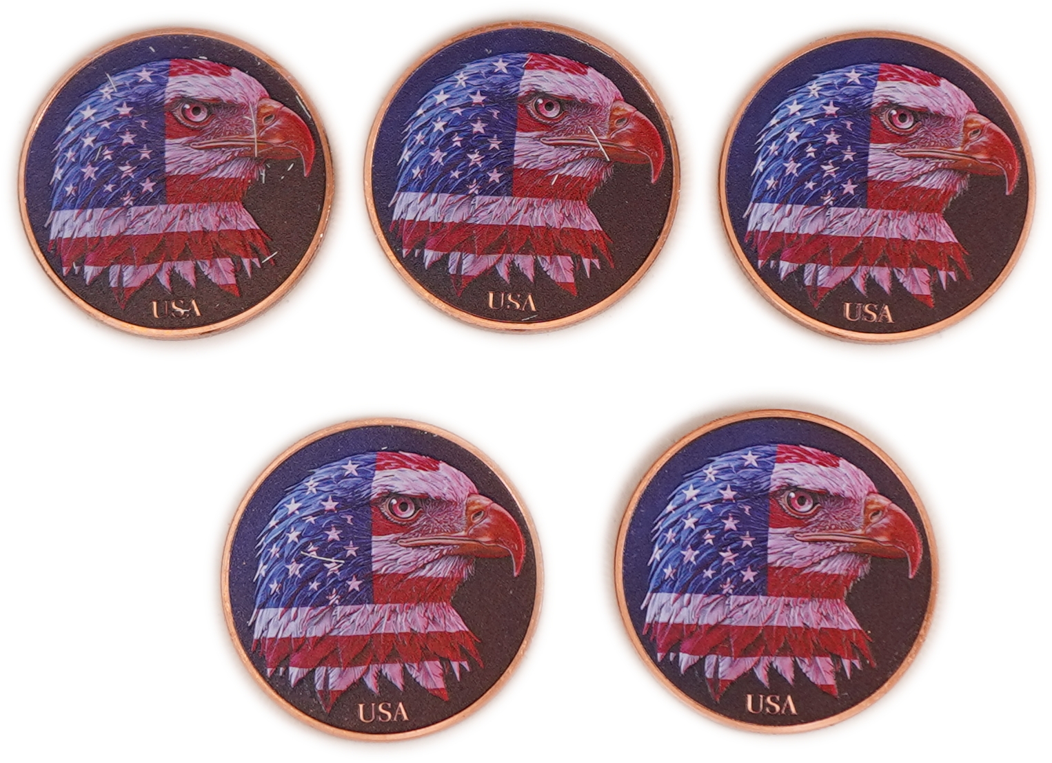 United States - Lot of 5 Round Copper Bars - American Eagle and United States Flag - .999 Copper, One Ounce Each - ...