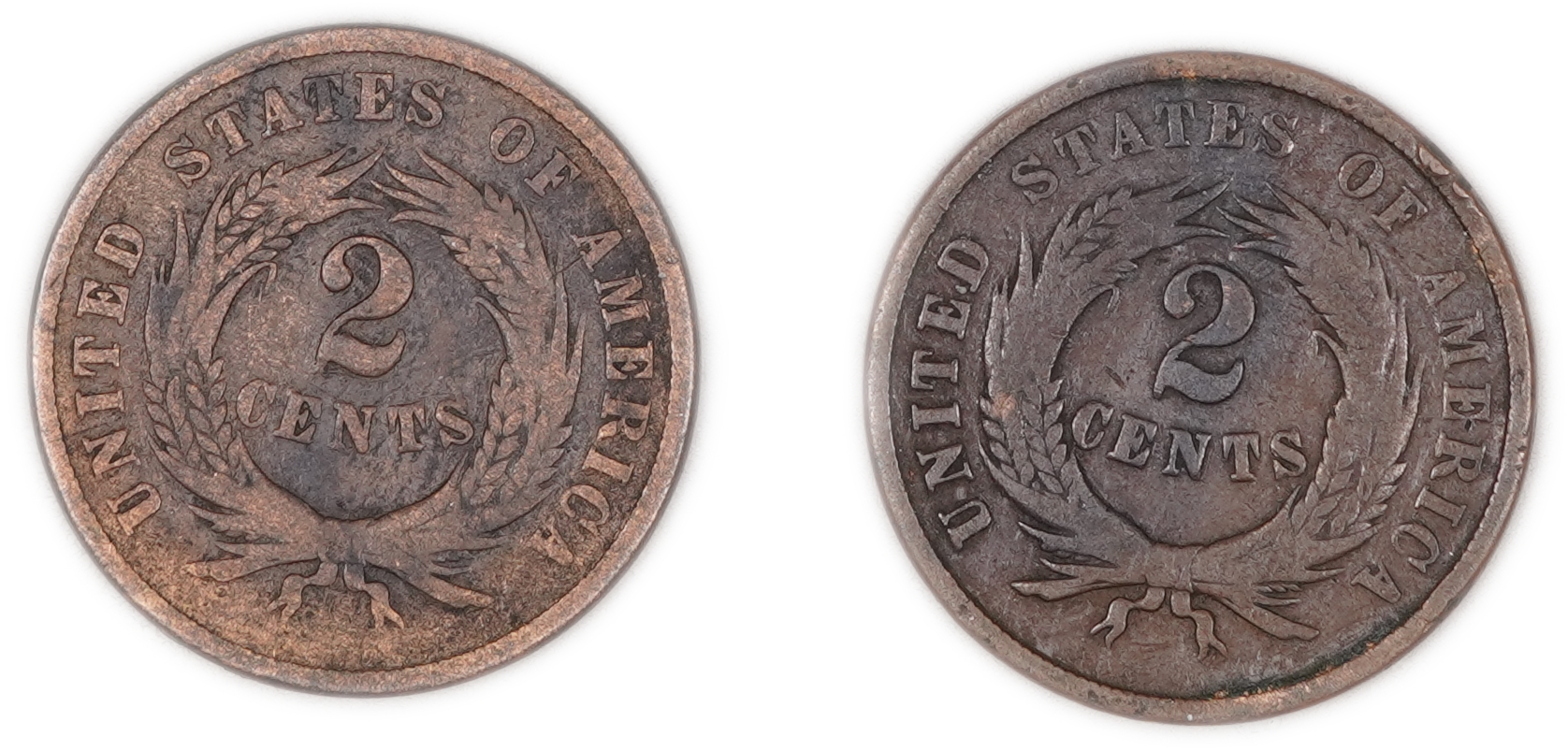 United States - Pair of 2 Cent Coins, Dated 1865 and 1866 - Copper - 1 1