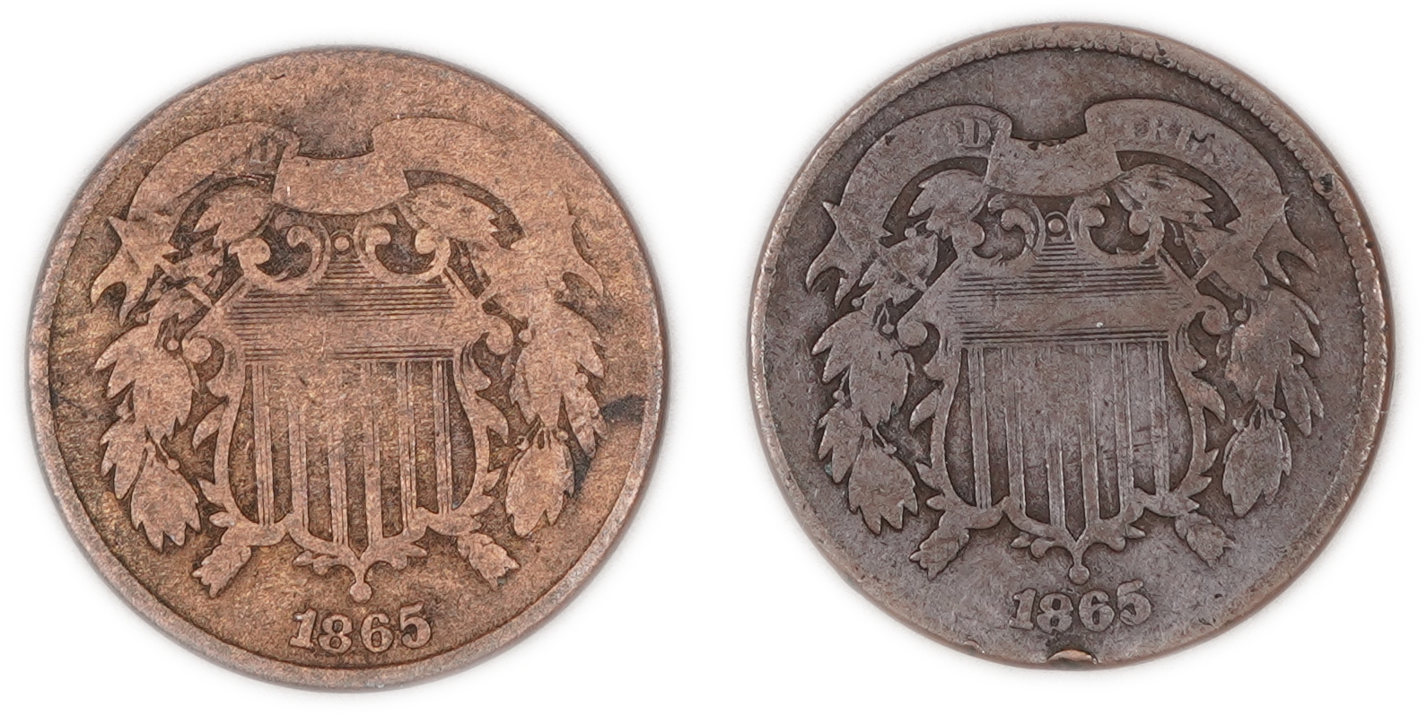 United States - Pair of 2 Cent Coins, Dated 1865 and 1866 - Copper - 1 0