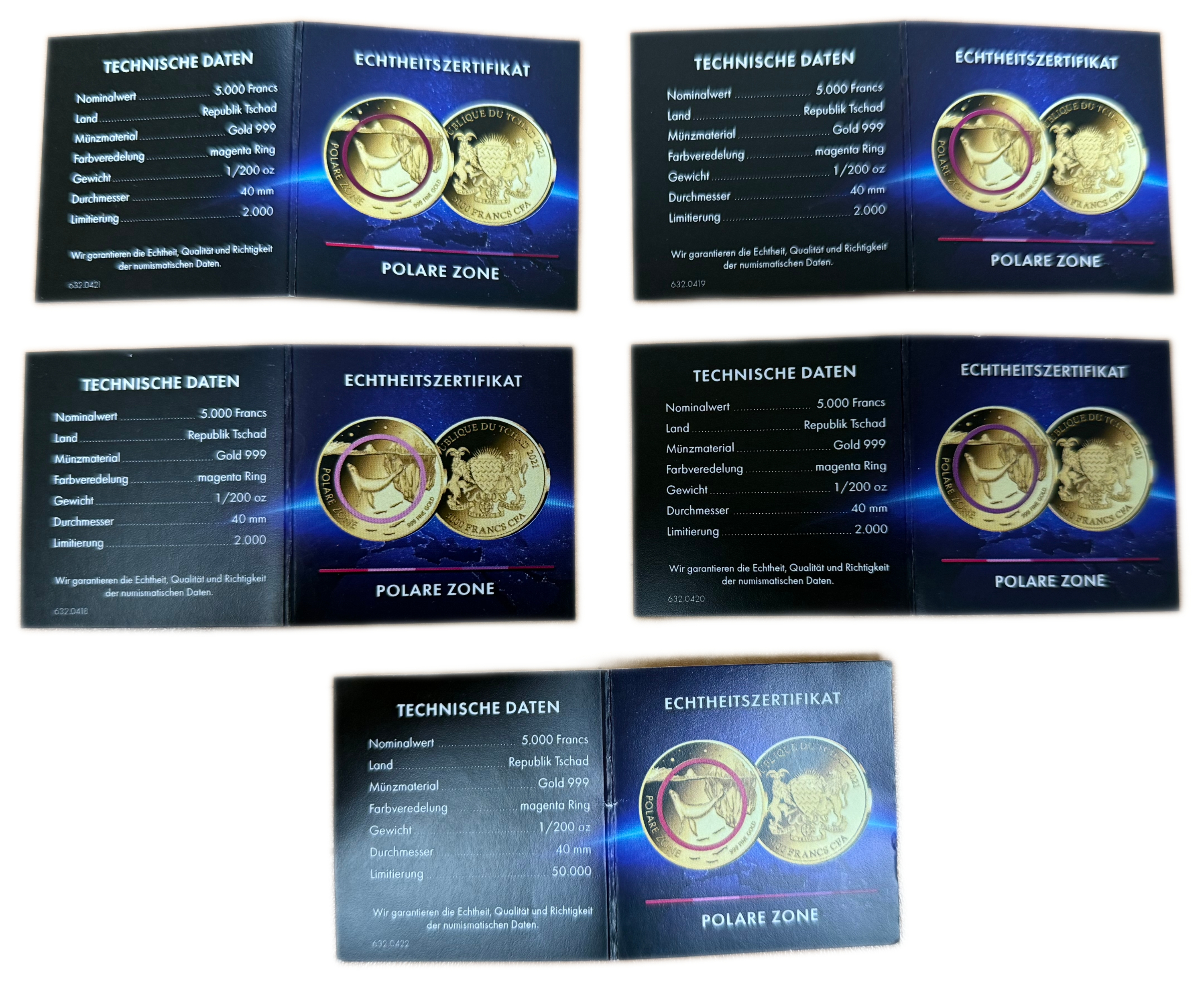 Chad - “Polar Zone” Series 2021 - 5×5,000 CFA Franc Gold Coins - .999 Gold, Approximately 0.778g Pure Gold in Total ... - 1 2