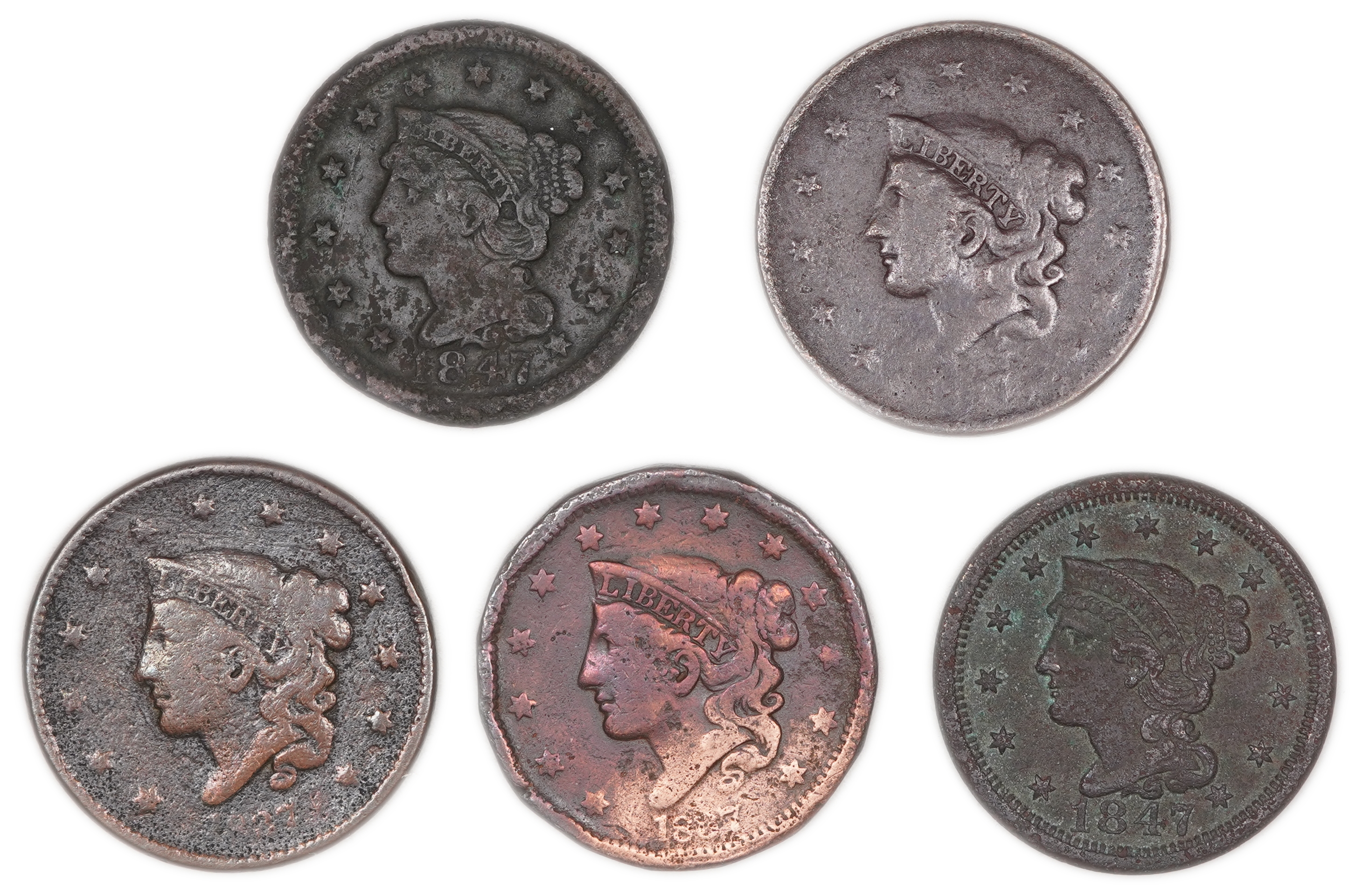 United States - Group of 5 Large Cent Coins - Two Dated 1847 and Three with Unreadable Dates - Copper - 1 0