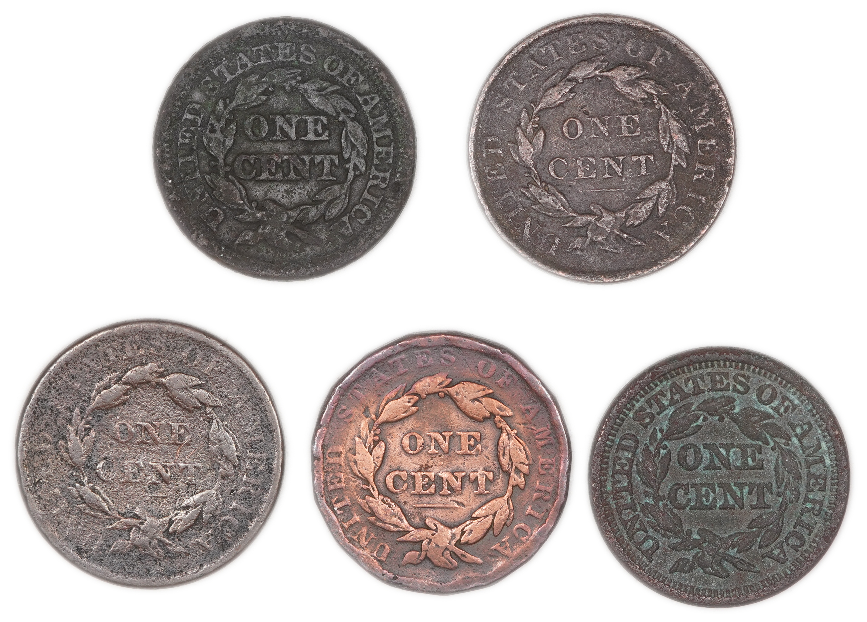 United States - Group of 5 Large Cent Coins - Two Dated 1847 and Three with Unreadable Dates - Copper - 1 1