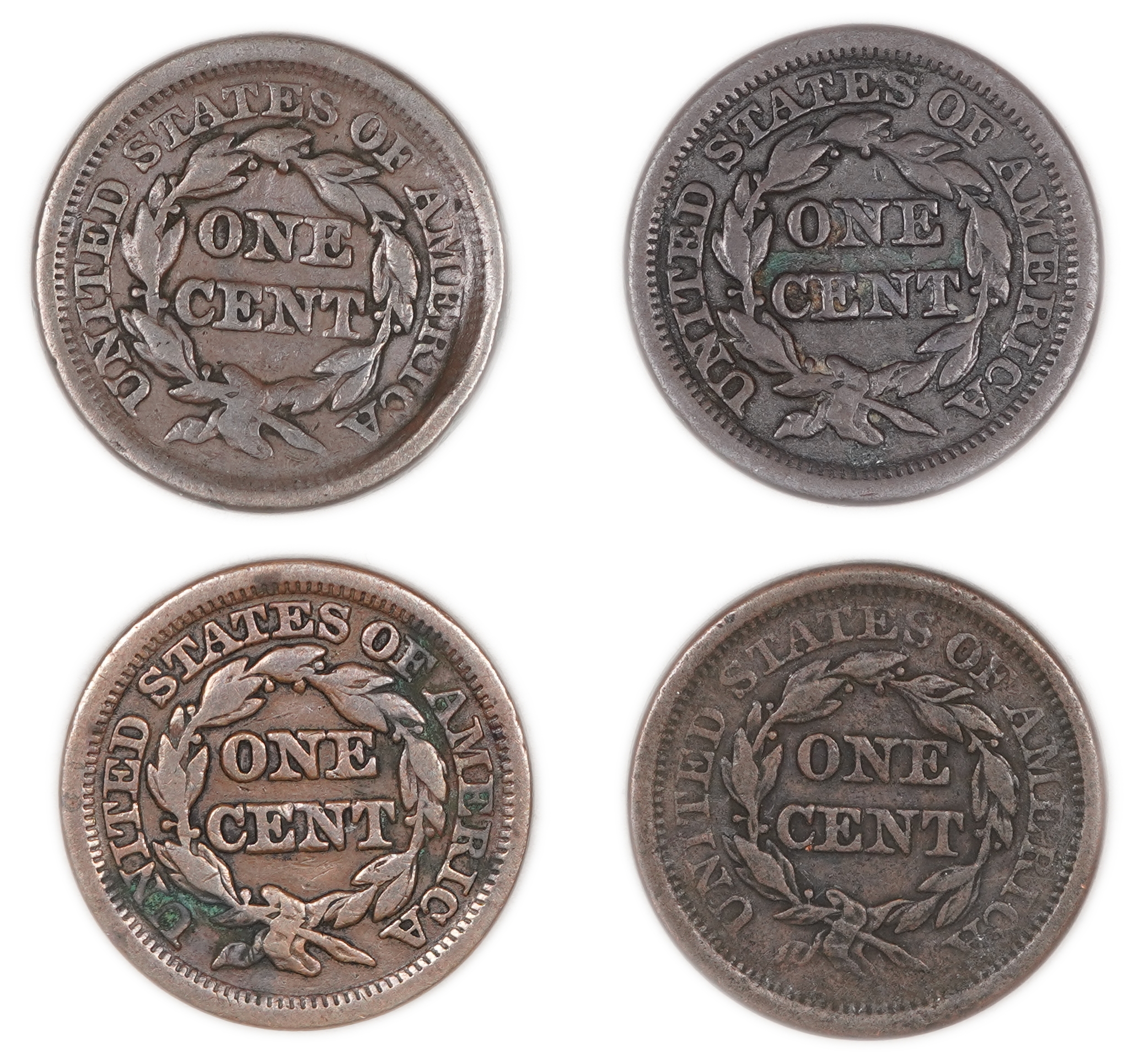 United States - Group of 4 Large Cent Coins, Dated 1847, 1851, 1852 and 1853 - Copper - 1 1