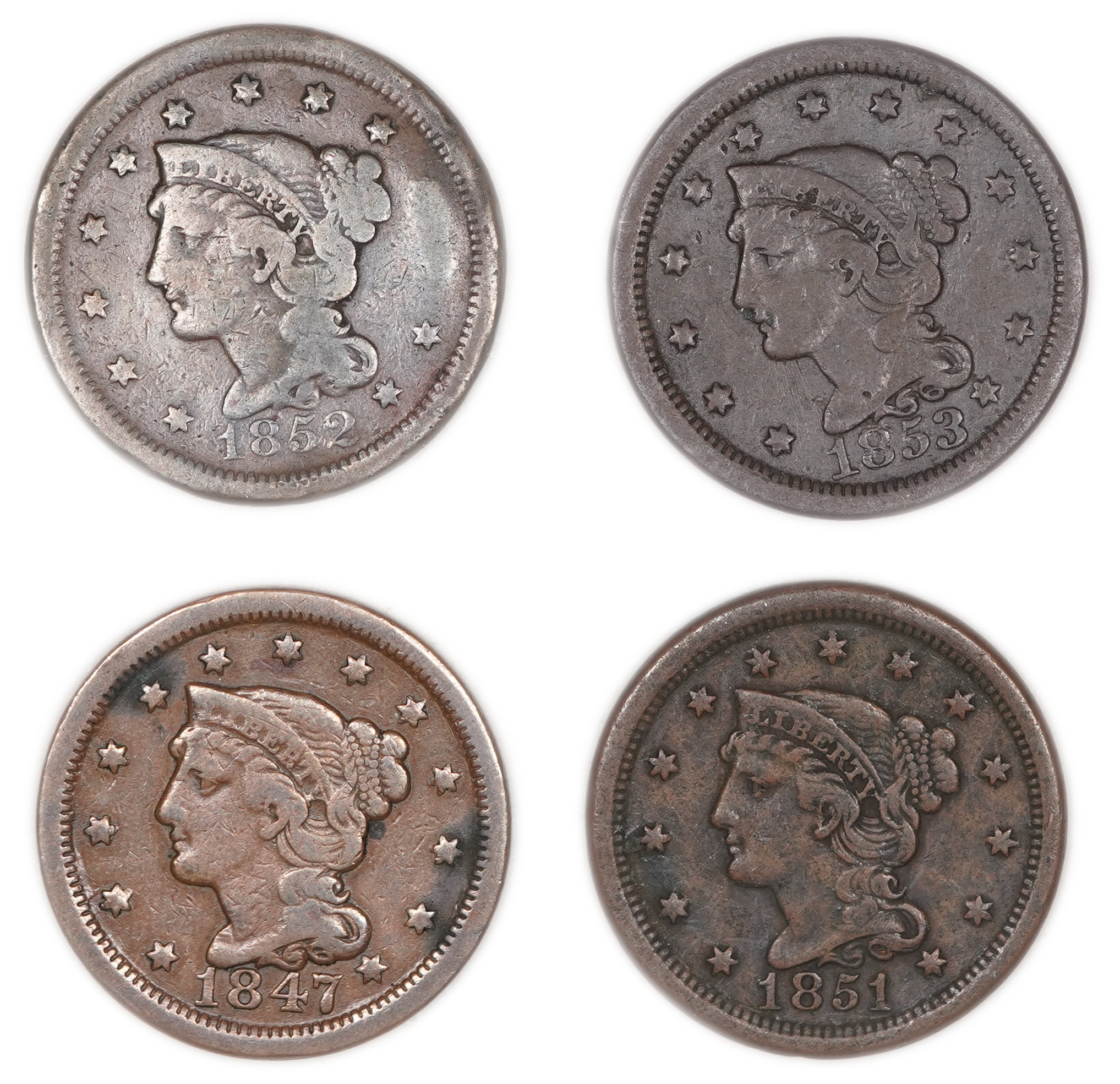 United States - Group of 4 Large Cent Coins, Dated 1847, 1851, 1852 and 1853 - Copper - 1 0