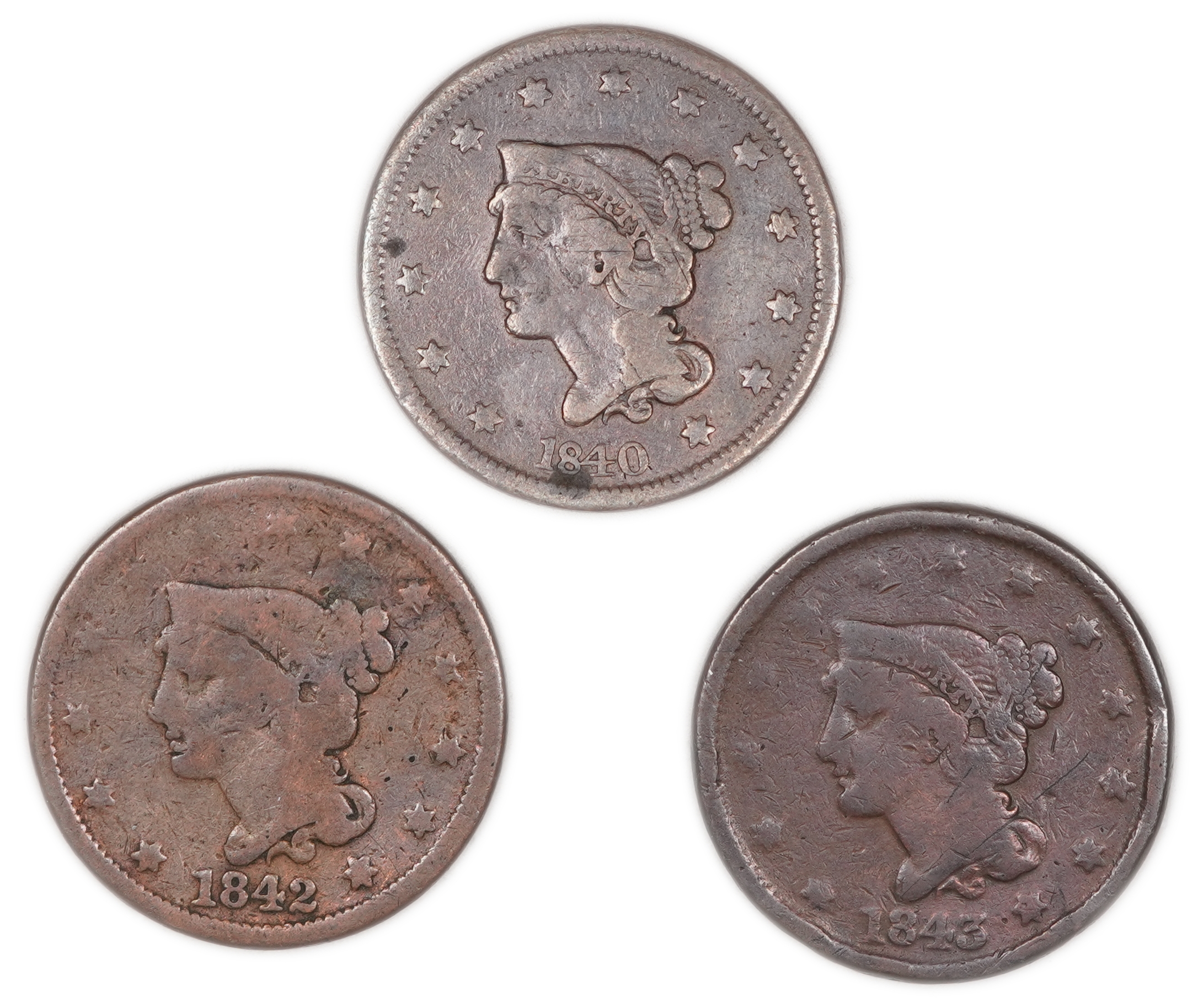United States - Group of 3 Large Cent Coins, Dated 1840, 1842 and 1843 - Copper - 1 0