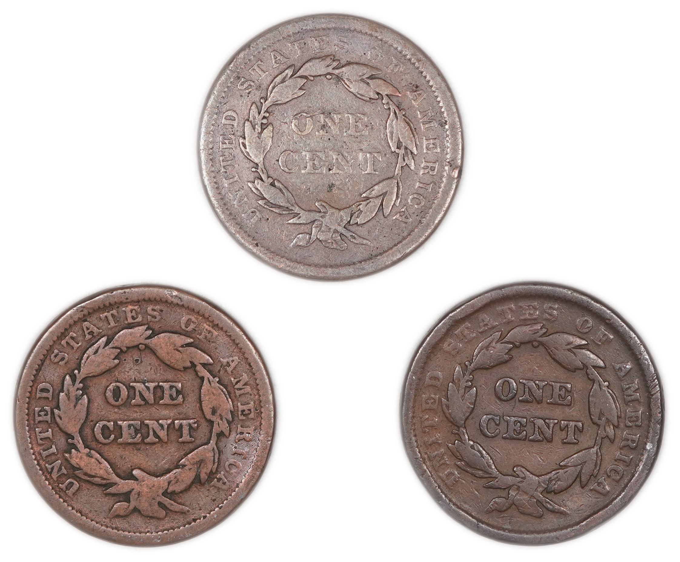 United States - Group of 3 Large Cent Coins, Dated 1840, 1842 and 1843 - Copper - 1 1