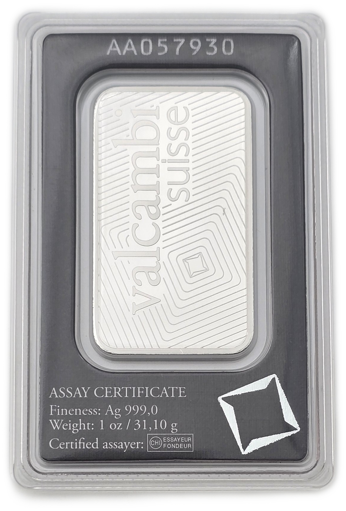 Bullion Bars - Switzerland - Valcambi Suisse Silver Bar, 1 Ounce - Silver 999, 31.10 g, in Original Assay Card - 1 1