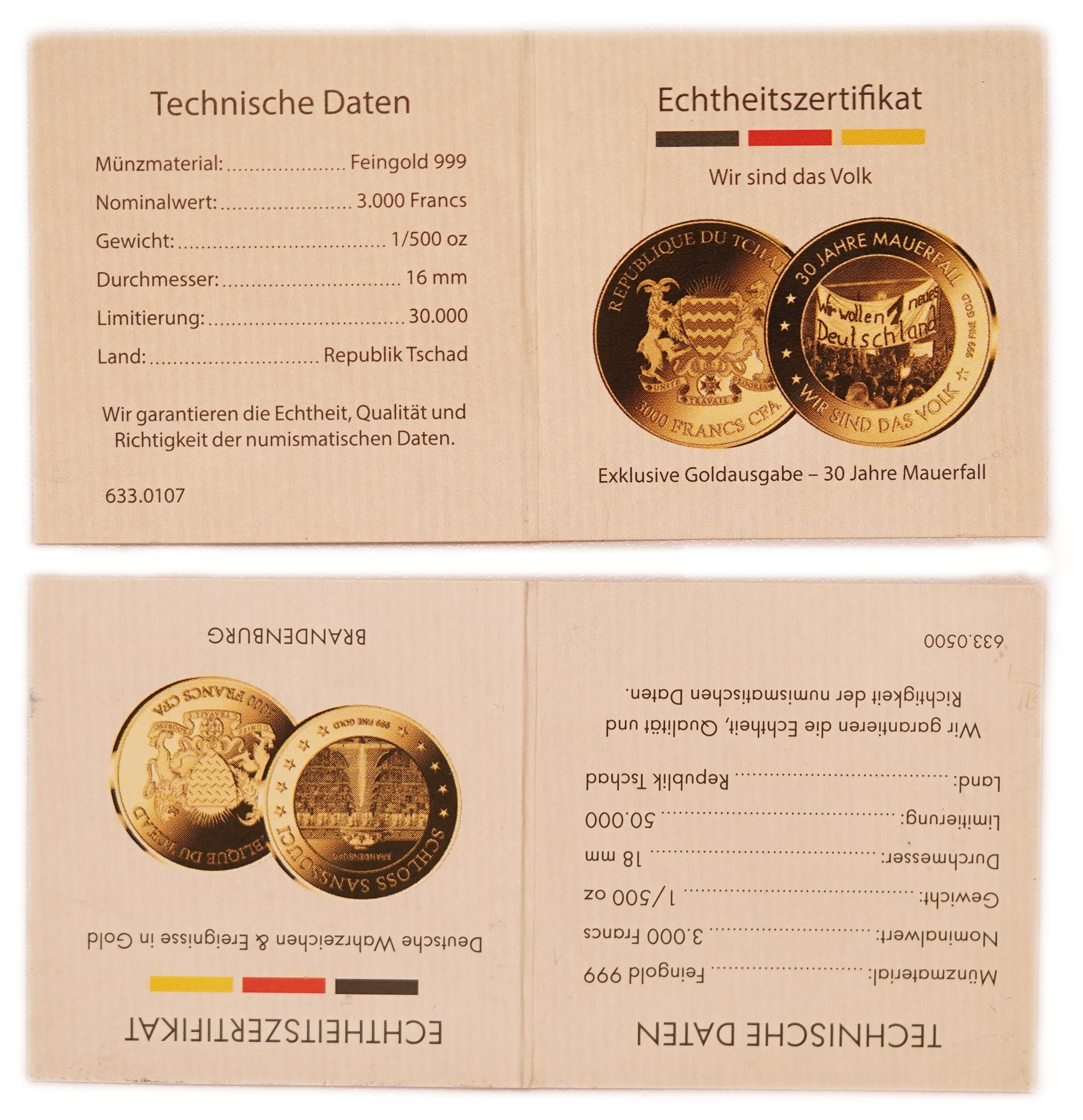 Chad - 3,000 Francs CFA - German Landmarks and Historic Events - Lot of 5 Gold 999 Coins, 1/500oz Each (approx. ... - 1 2