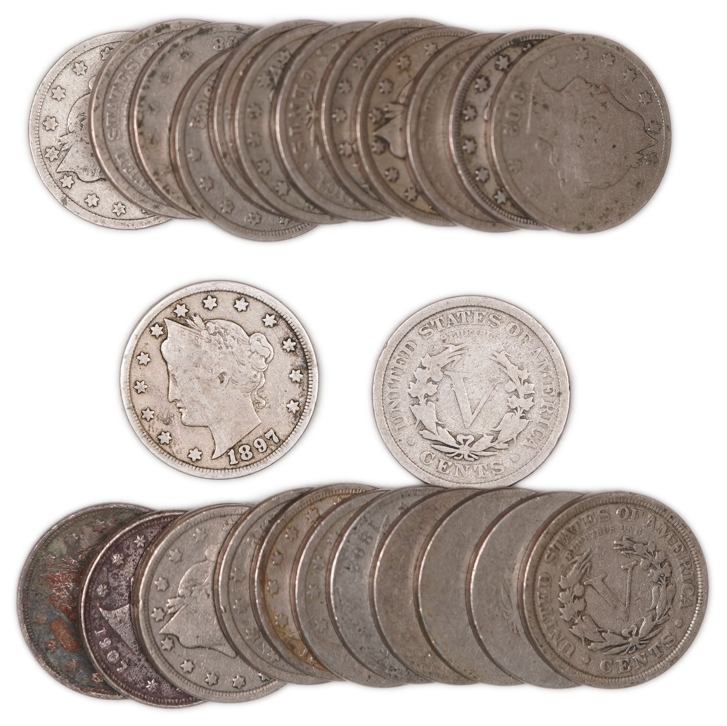 United States - Group of 25 Liberty Head “V Nickel” 5 Cent Coins, Various Dates - Copper-Nickel - 1 0