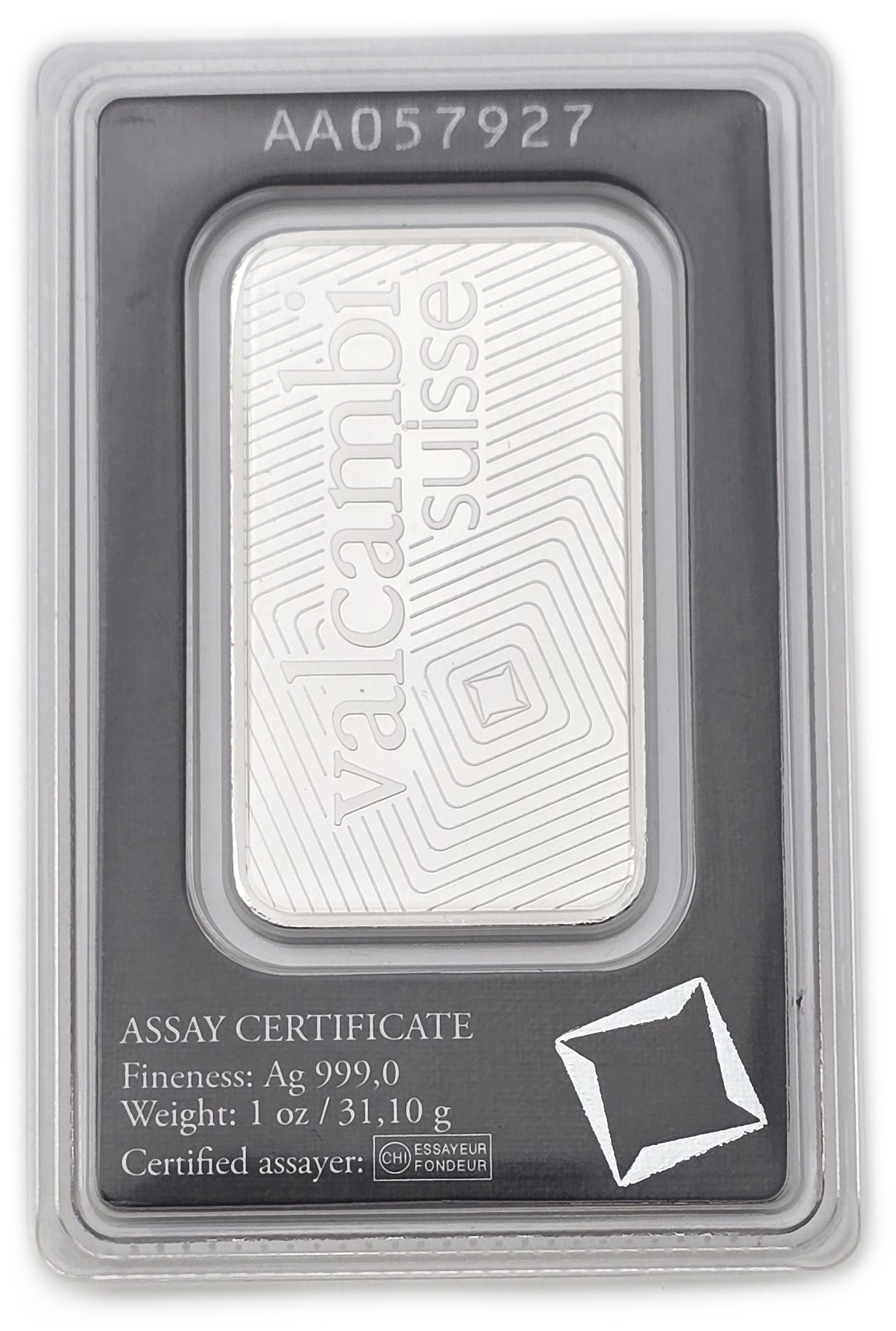 Bullion Bars - Switzerland - Valcambi Suisse Silver Bar, 1 Ounce - Silver 999, 31.10 g, in Original Assay Card - 1 1