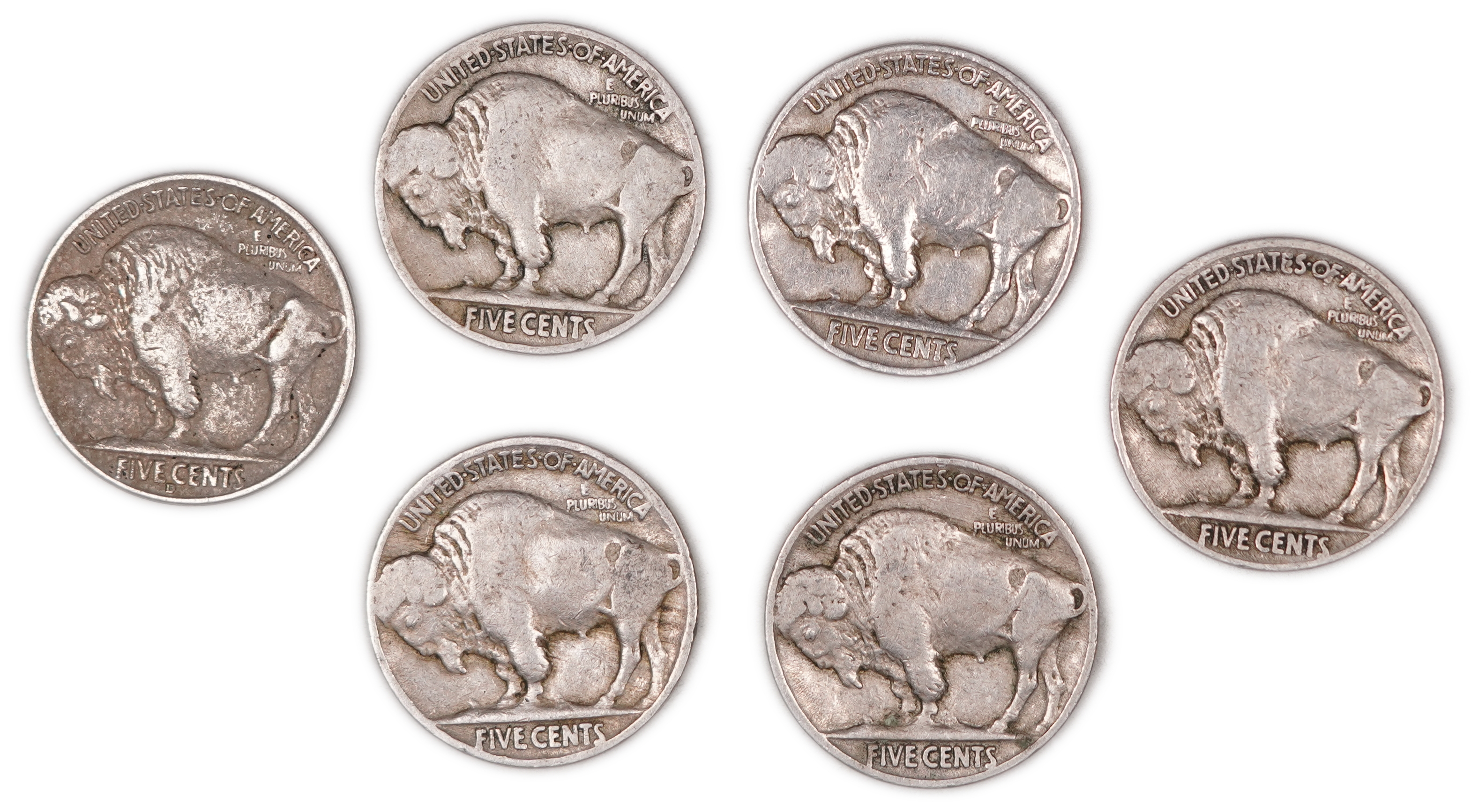 United States - Group of 6 Buffalo Nickel 5 Cent Coins - Five Dated 1927 and One Dated 1937 - Copper-Nickel - 1 1