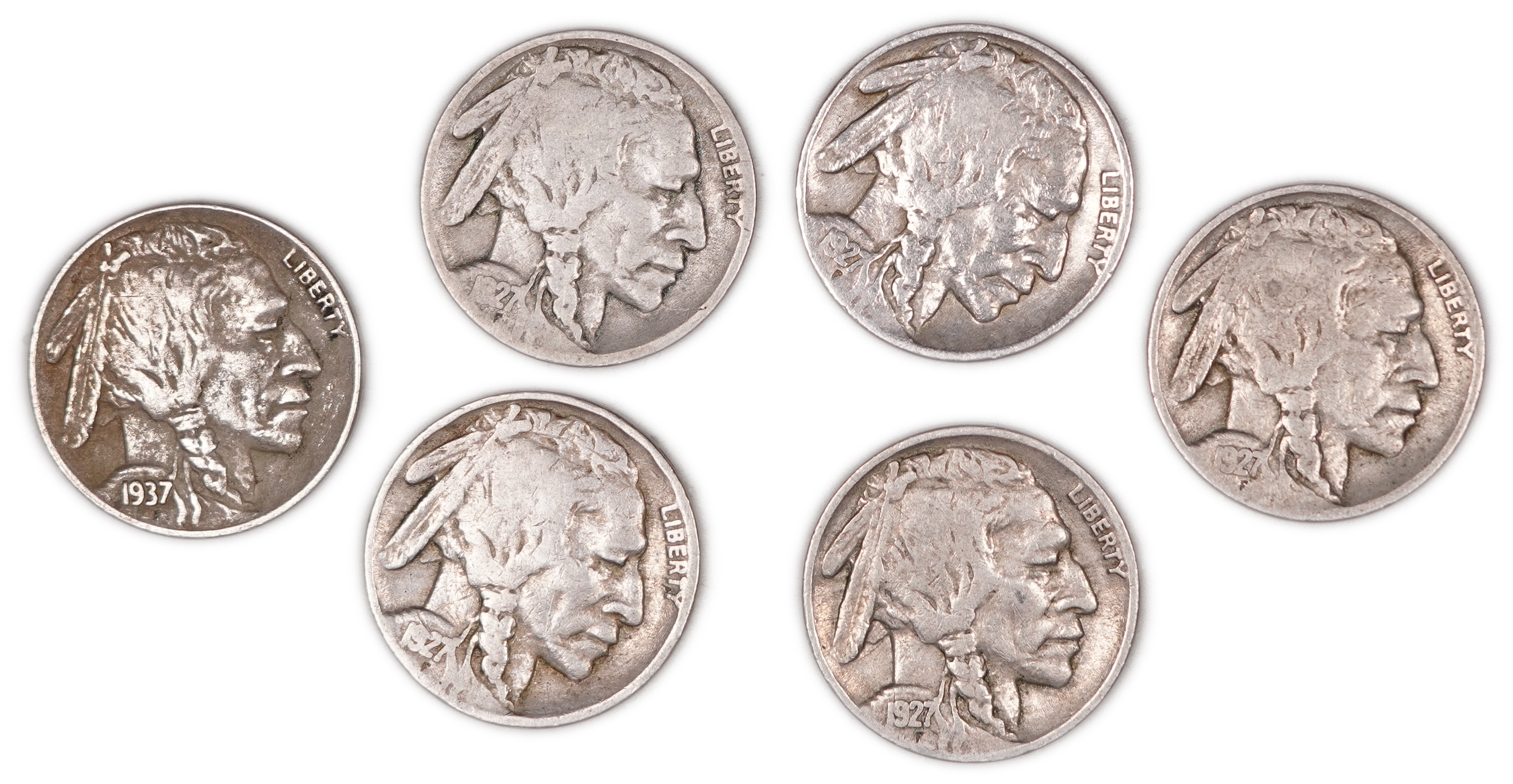 United States - Group of 6 Buffalo Nickel 5 Cent Coins - Five Dated 1927 and One Dated 1937 - Copper-Nickel - 1 0
