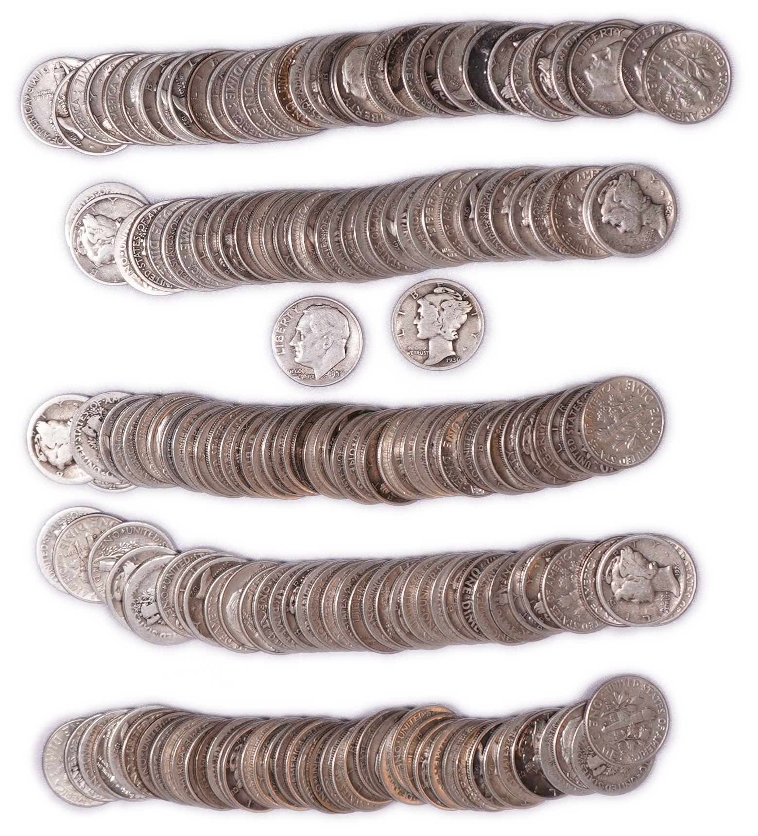 United States - Group of 188 Ten Cent Coins, Mercury Dimes and Roosevelt Dimes, Various Dates - Silver 900, 460 g ... - 1 0