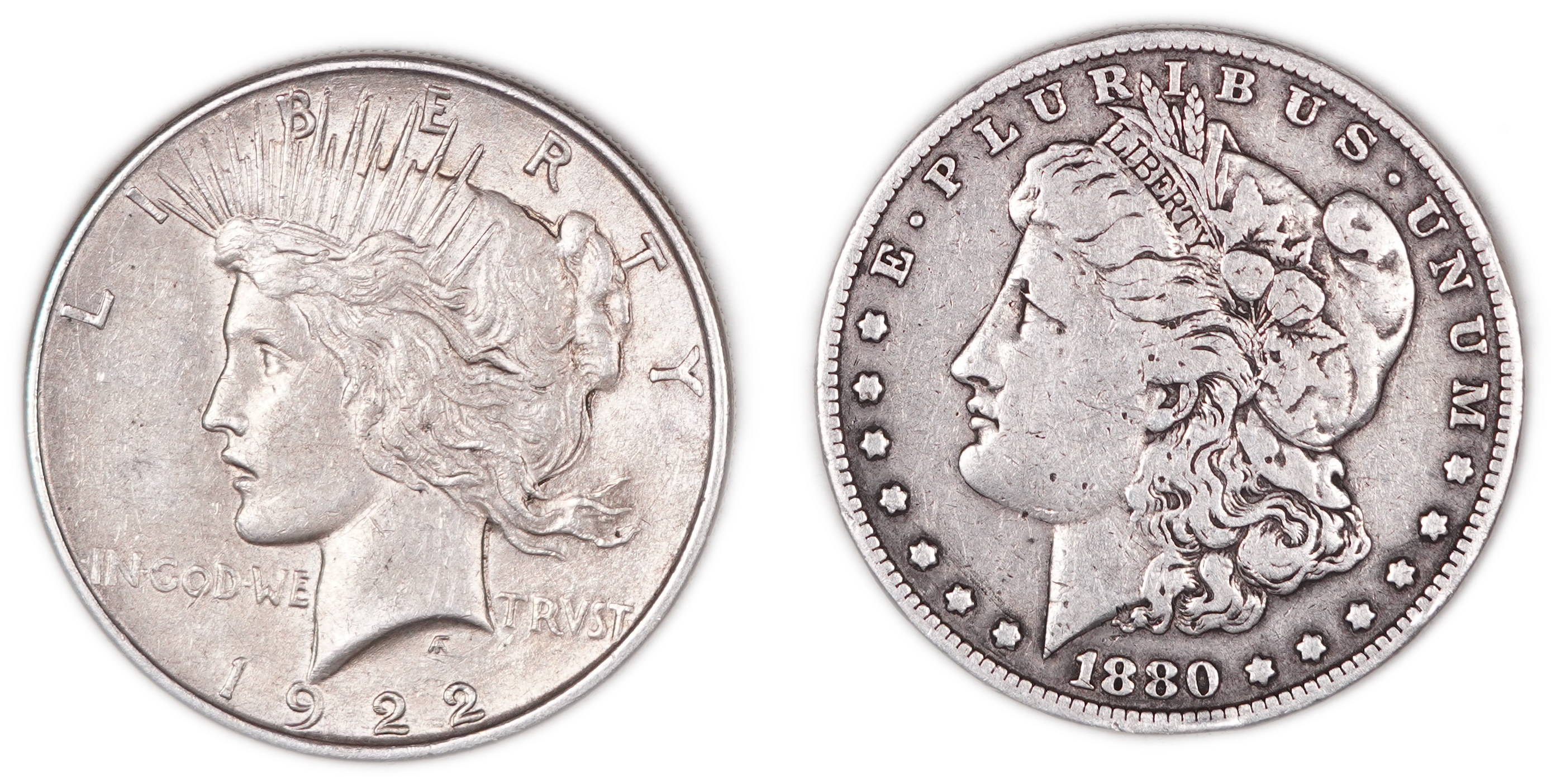 United States - Pair of One Dollar Coins, 1880 Morgan Dollar and 1922 Peace Dollar - Silver 900, 26.73 g Each ... - 1 0