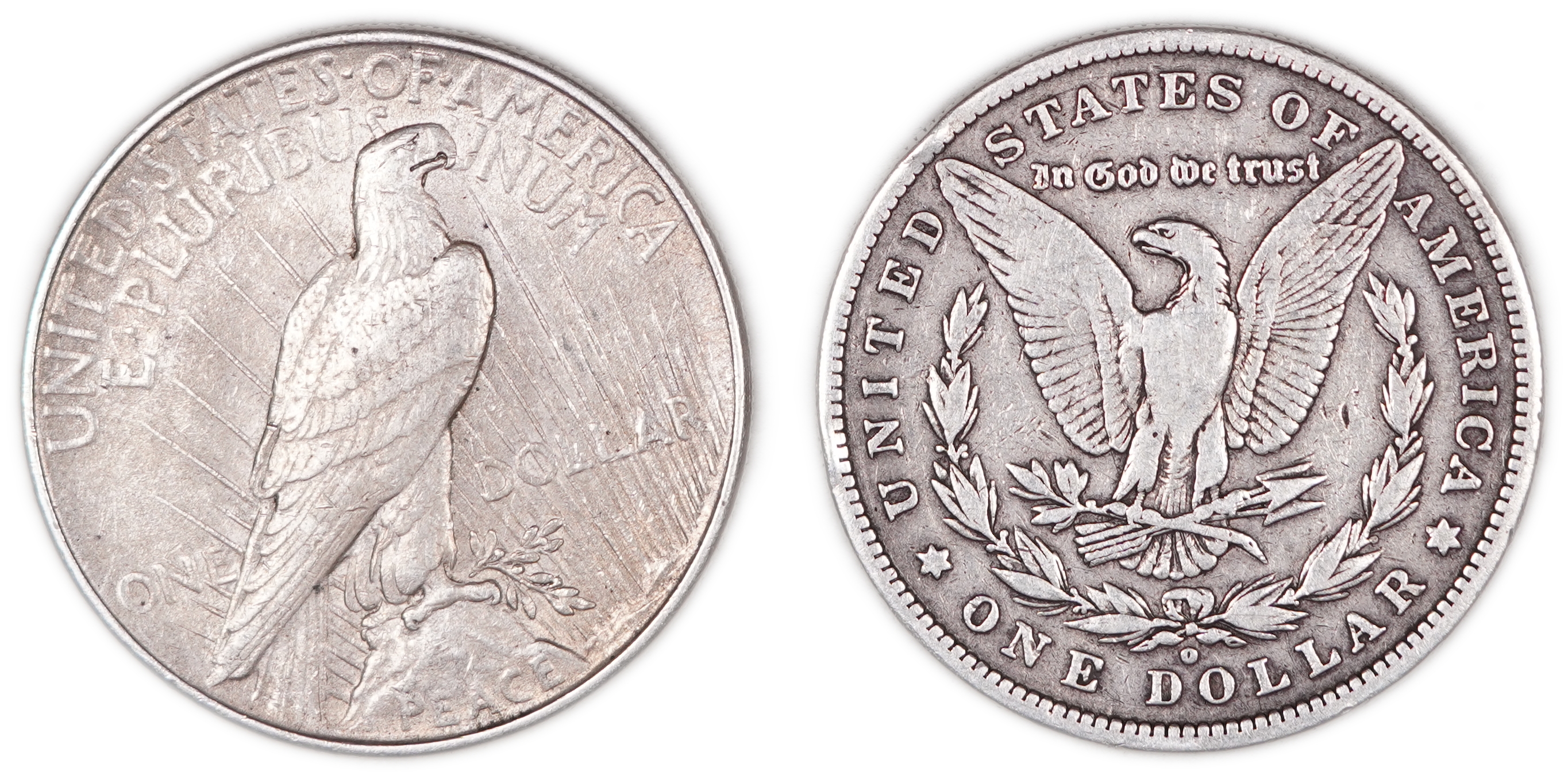 United States - Pair of One Dollar Coins, 1880 Morgan Dollar and 1922 Peace Dollar - Silver 900, 26.73 g Each ... - 1 1