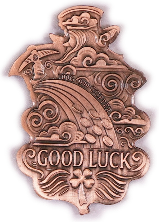 Bullion Bars - "Good Luck" Shaped Copper Bar - Leprechaun and Four-Leaf Clover - .999 Copper, 100g - 1 1
