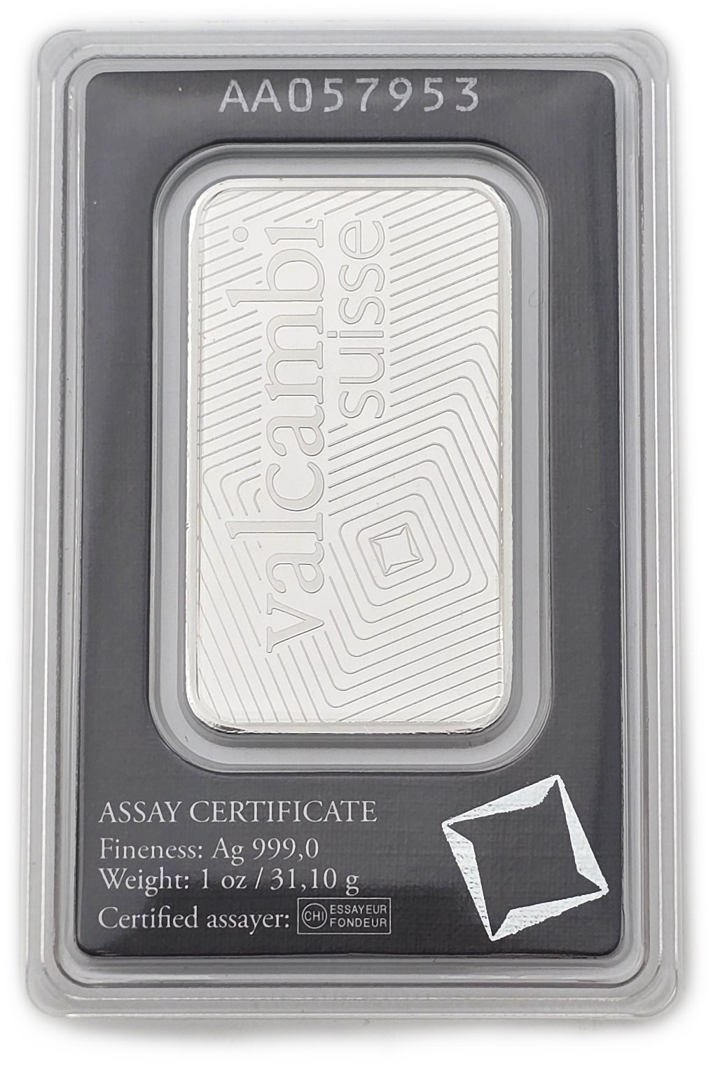 Bullion Bars - Switzerland - Valcambi Suisse Silver Bar, 1 Ounce - Silver 999, 31.10 g, in Original Assay Card - 1 1