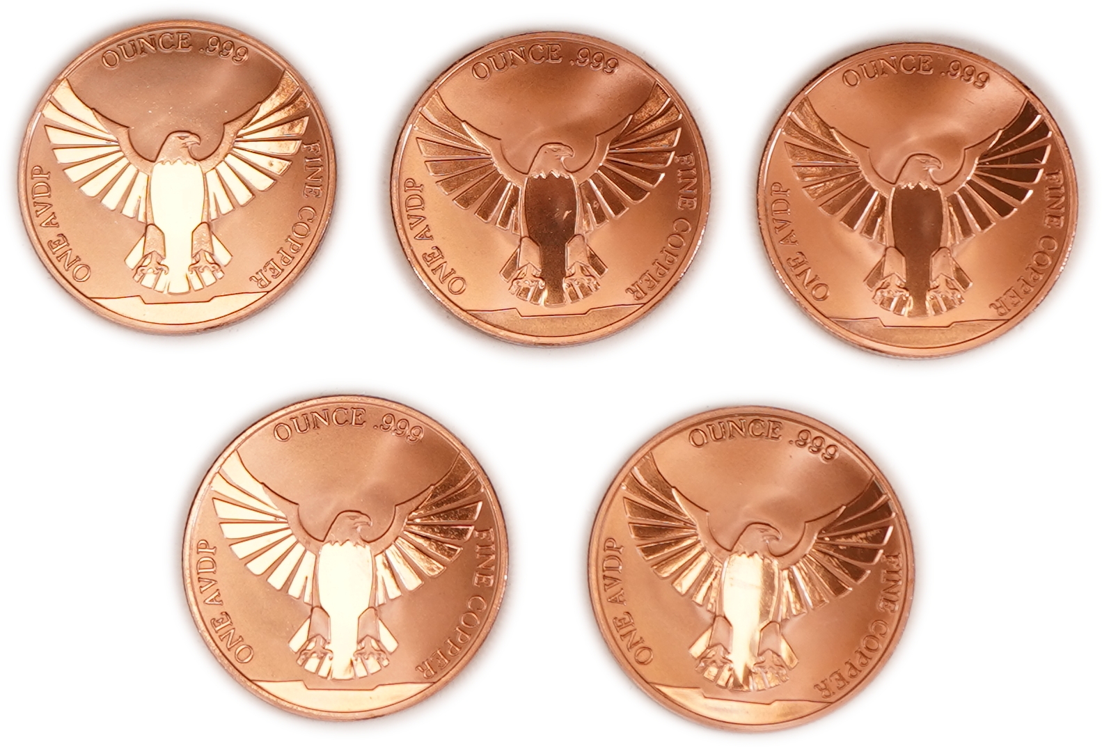 United States - Lot of 5 Round Copper Bars - American Eagle and United States Flag - .999 Copper, One Ounce Each - ... - 1 1