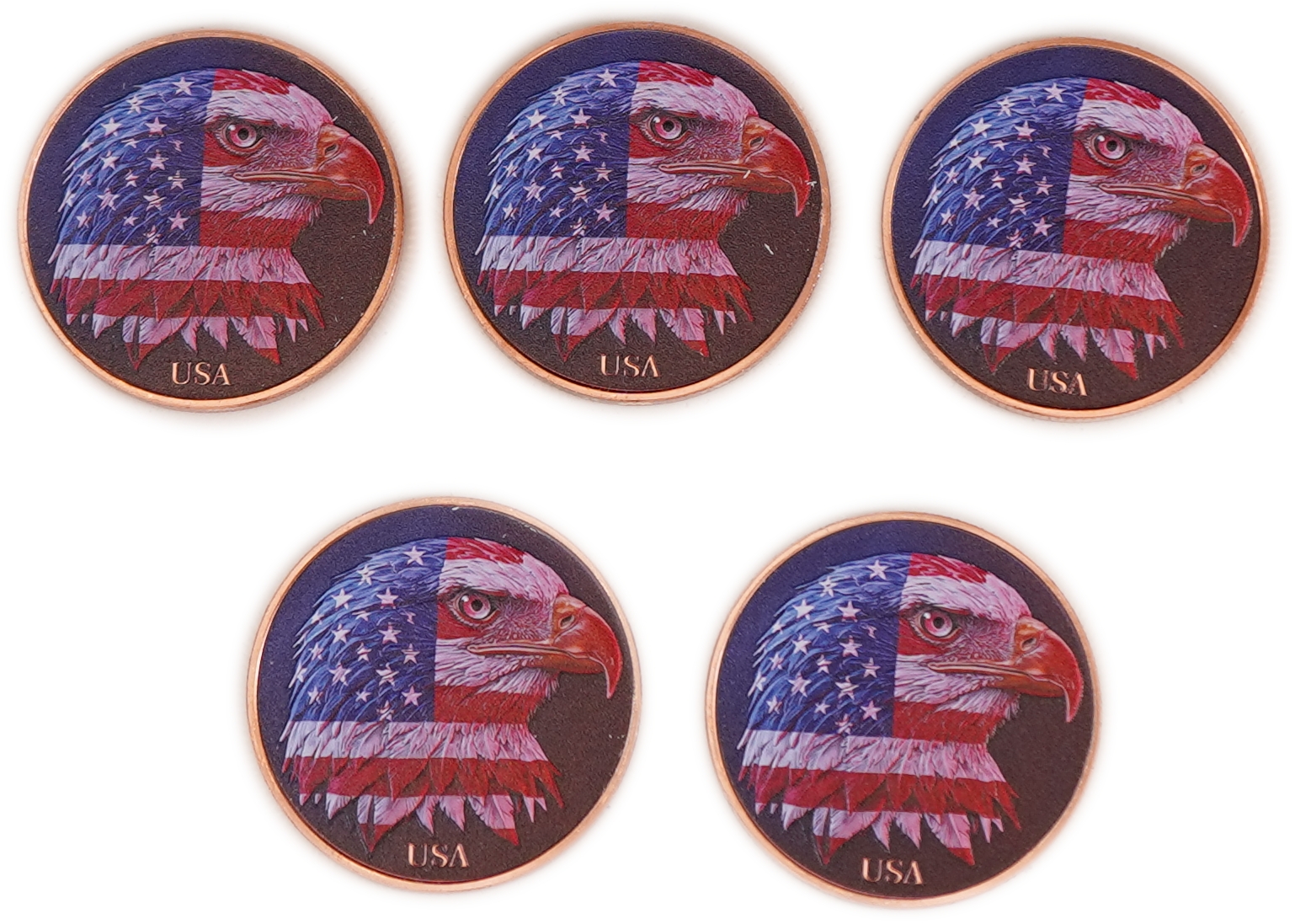 United States - Lot of 5 Round Copper Bars - American Eagle and United States Flag - .999 Copper, One Ounce Each - ...