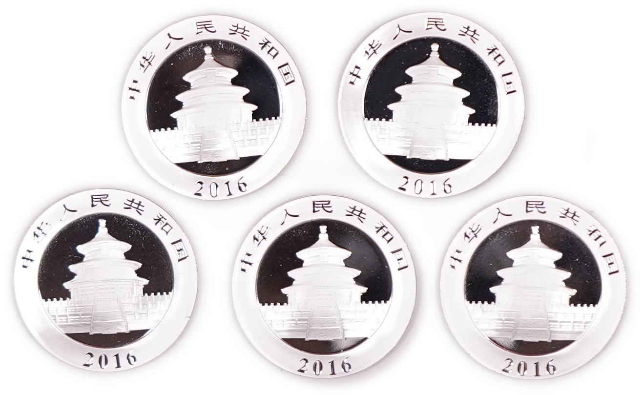 China - Lot of 5 Silver Panda 10 Yuan Coins, 2016 - .999 Silver, Total Gross Weight 150 g (Approximately 149.85 g ... - 1 0
