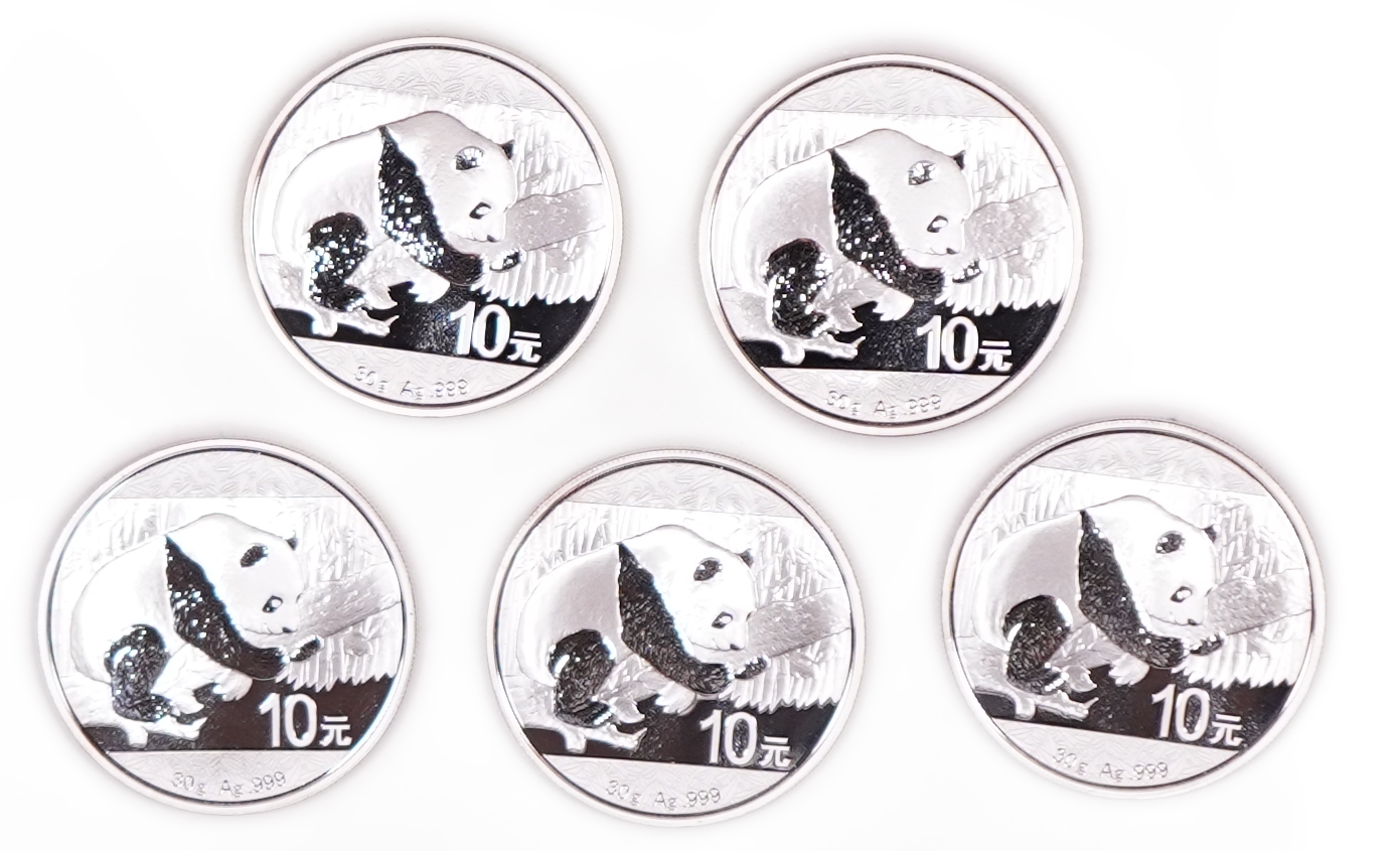 China - Lot of 5 Silver Panda 10 Yuan Coins, 2016 - .999 Silver, Total Gross Weight 150 g (Approximately 149.85 g ... - 1 1