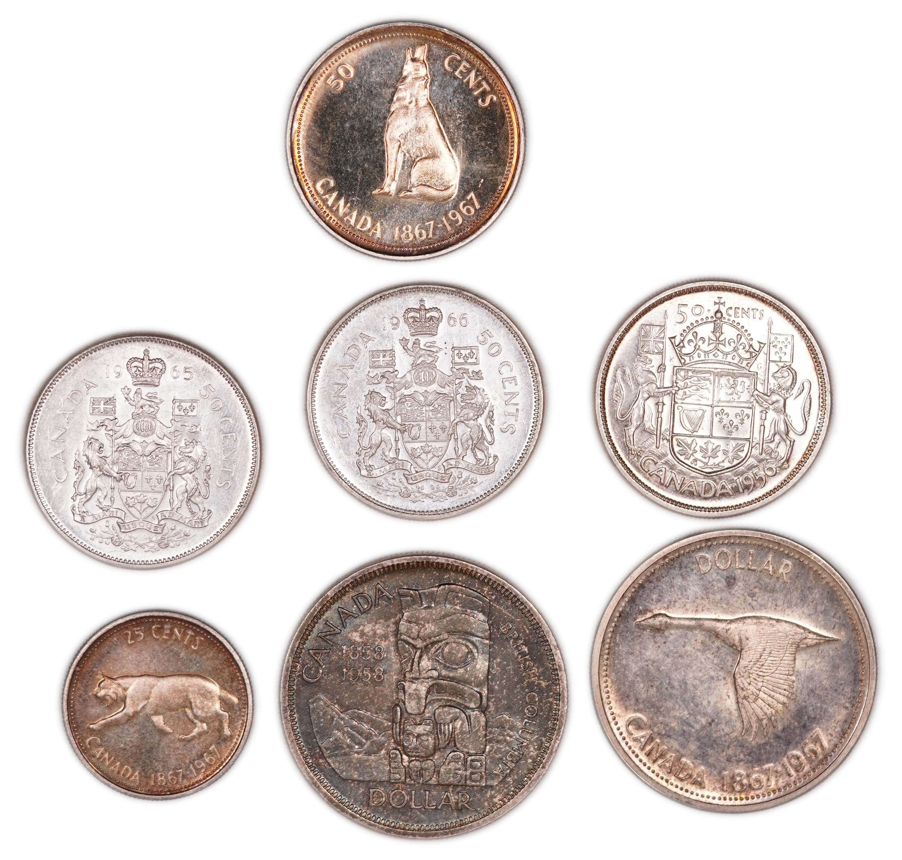Canada - Lot of 7 Silver Coins, 25 Cents to 1 Dollar, 1956-1967 - .800 Silver, Approximately 99.1 g Gross Weight ... - 1 0