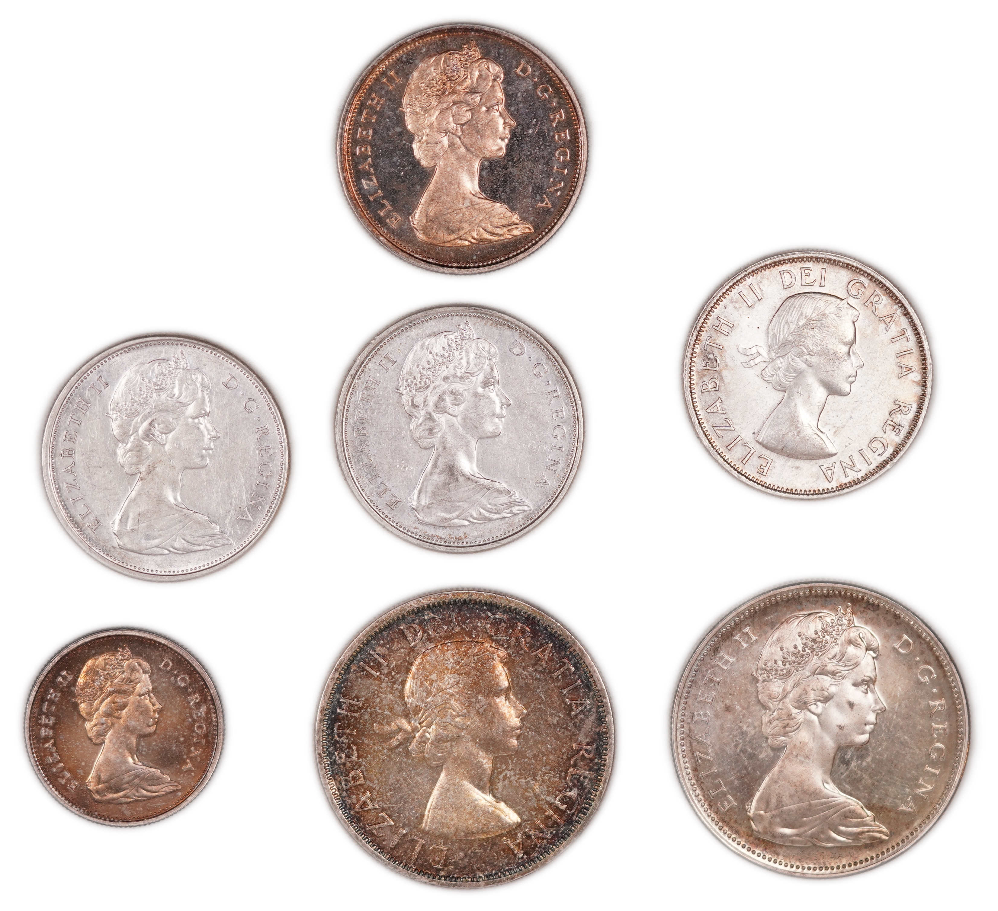 Canada - Lot of 7 Silver Coins, 25 Cents to 1 Dollar, 1956-1967 - .800 Silver, Approximately 99.1 g Gross Weight ... - 1 1