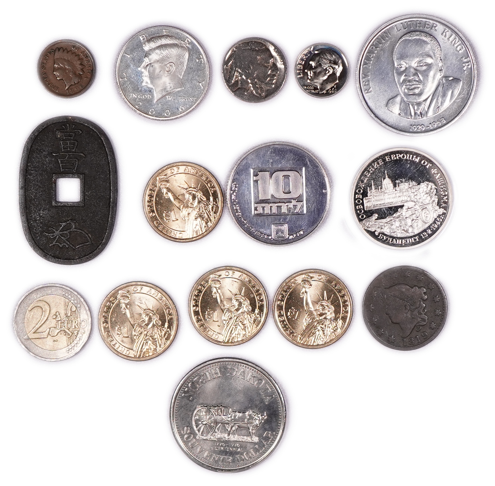World - Group of 15 Coins, Tokens and Medals from the United States, Israel, Japan, Russia and Europe - 1 0