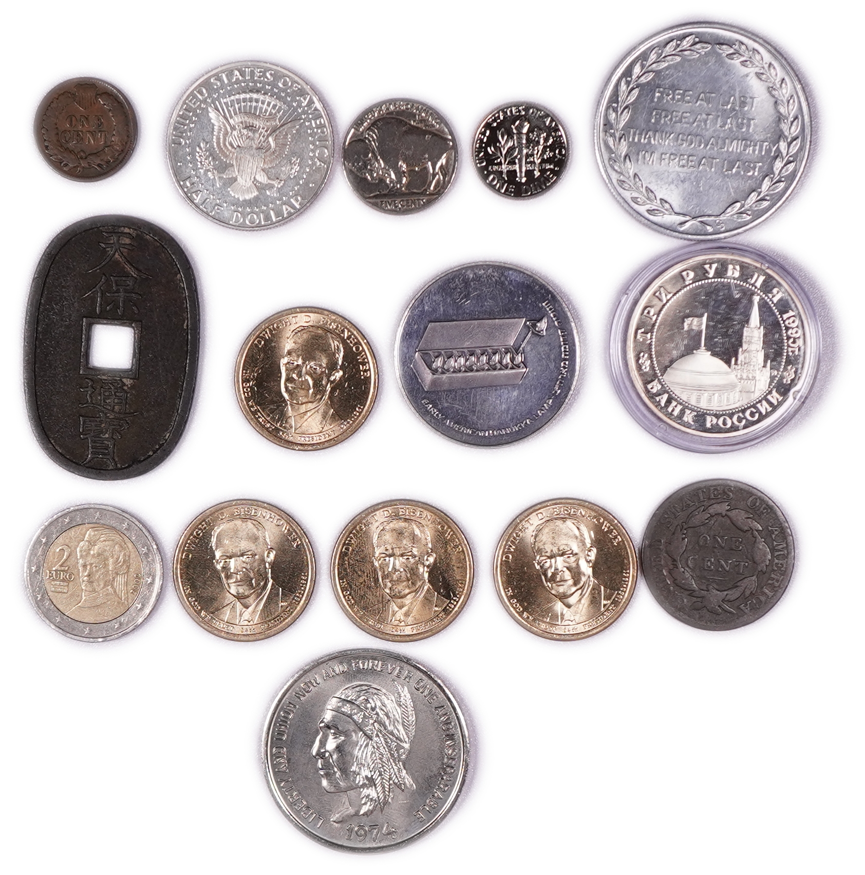 World - Group of 15 Coins, Tokens and Medals from the United States, Israel, Japan, Russia and Europe - 1 1