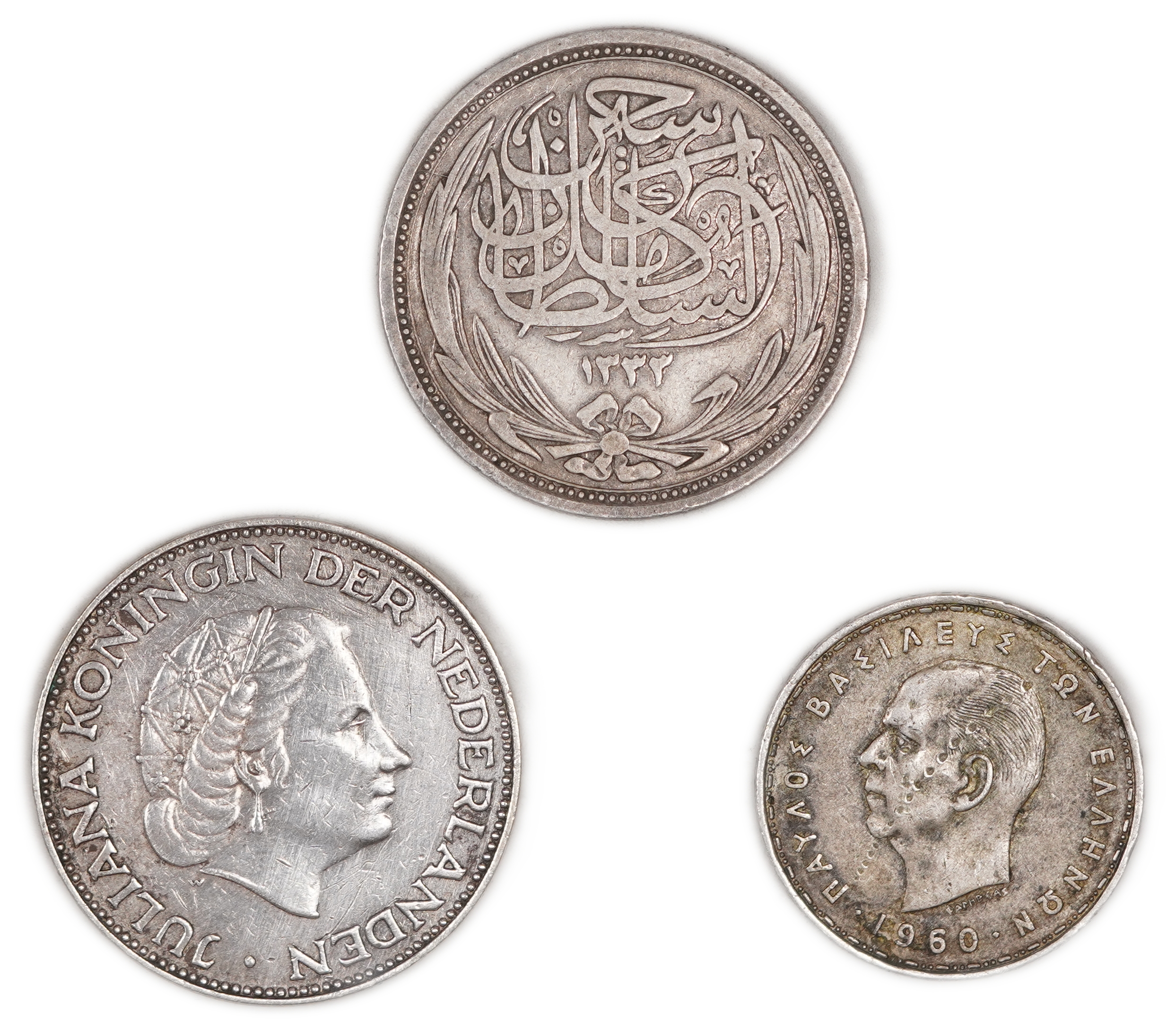 World - Egypt, the Netherlands and Greece - Group of 3 Silver Coins, 1916-1960 - Total Weight 36.5 g (Approx. 28.72 ... - 1 1