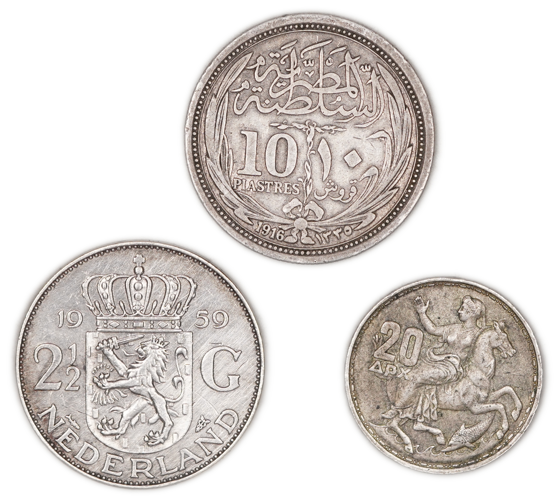 World - Egypt, the Netherlands and Greece - Group of 3 Silver Coins, 1916-1960 - Total Weight 36.5 g (Approx. 28.72 ... - 1 0