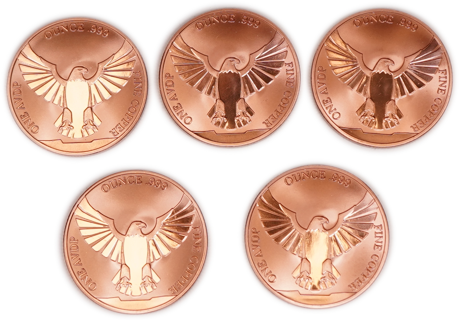 United States - Lot of 5 Round Copper Bars - American Eagle and United States Flag - .999 Copper, One Ounce Each - ... - 1 1