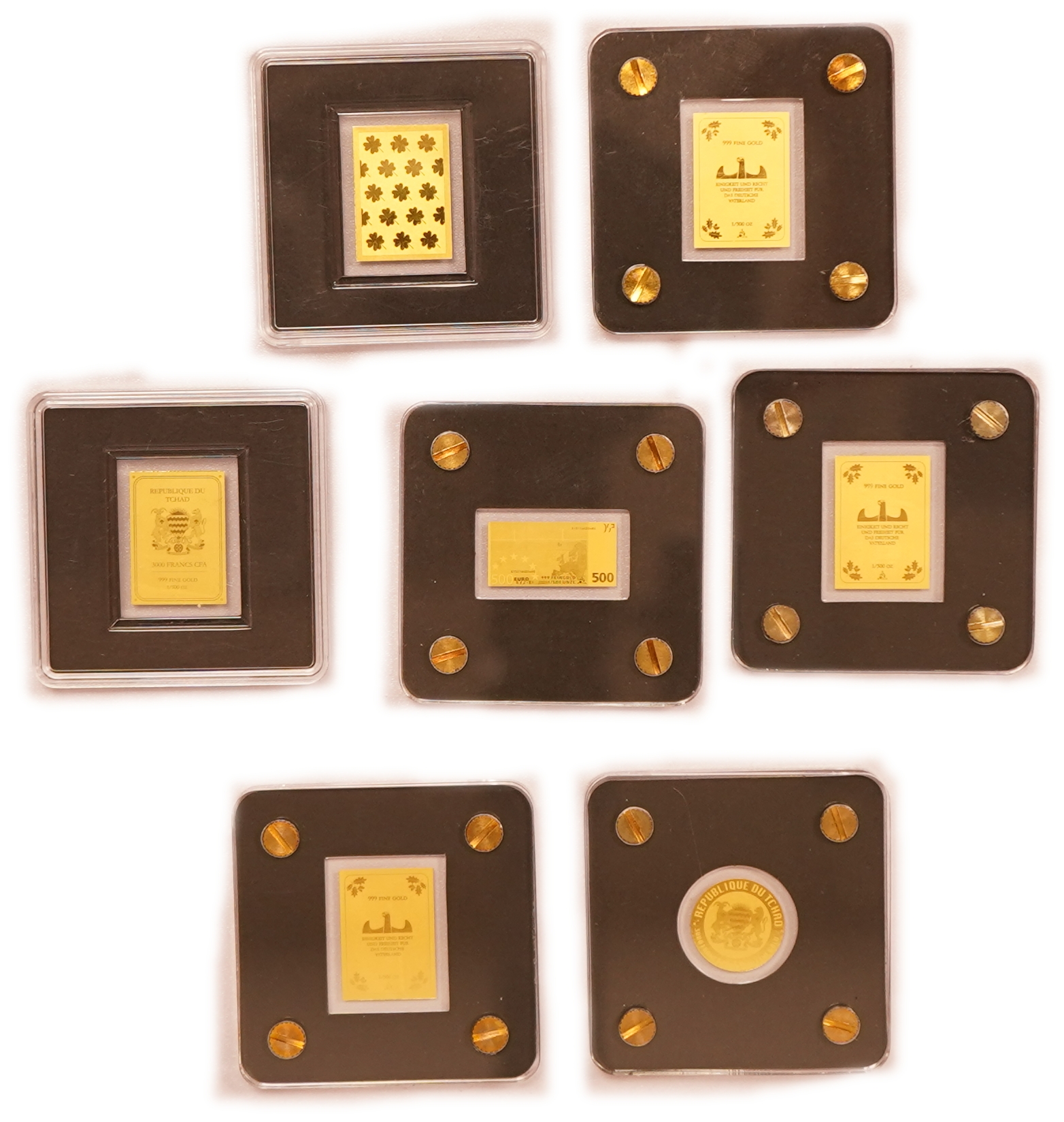 Gold Bars and Coins - Lot of 7 Miniature Gold Pieces with Various Themes - Gold 999, 1/500oz Each (approx. 0.44g ... - 1 1