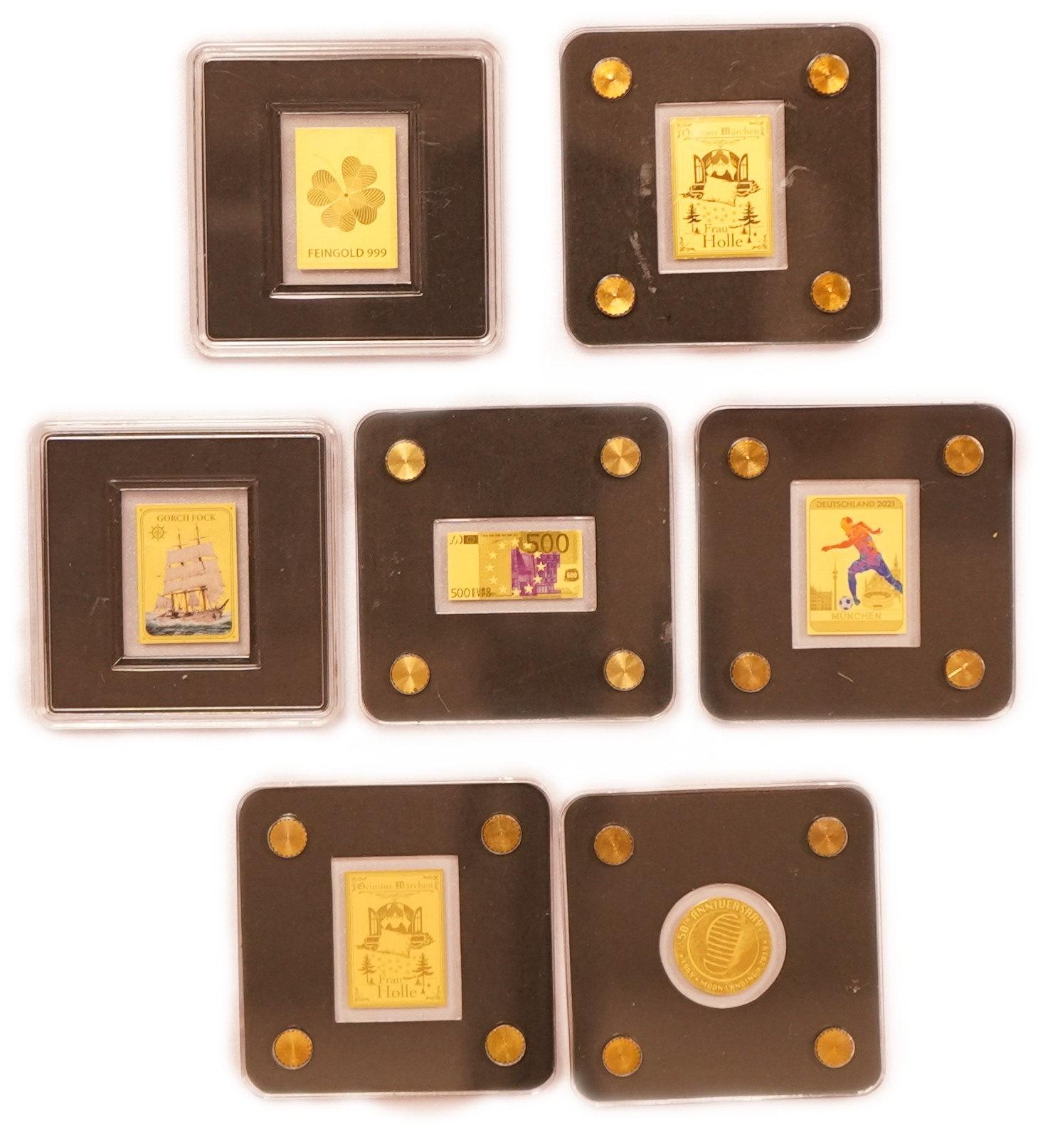 Gold Bars and Coins - Lot of 7 Miniature Gold Pieces with Various Themes - Gold 999, 1/500oz Each (approx. 0.44g ... - 1 0