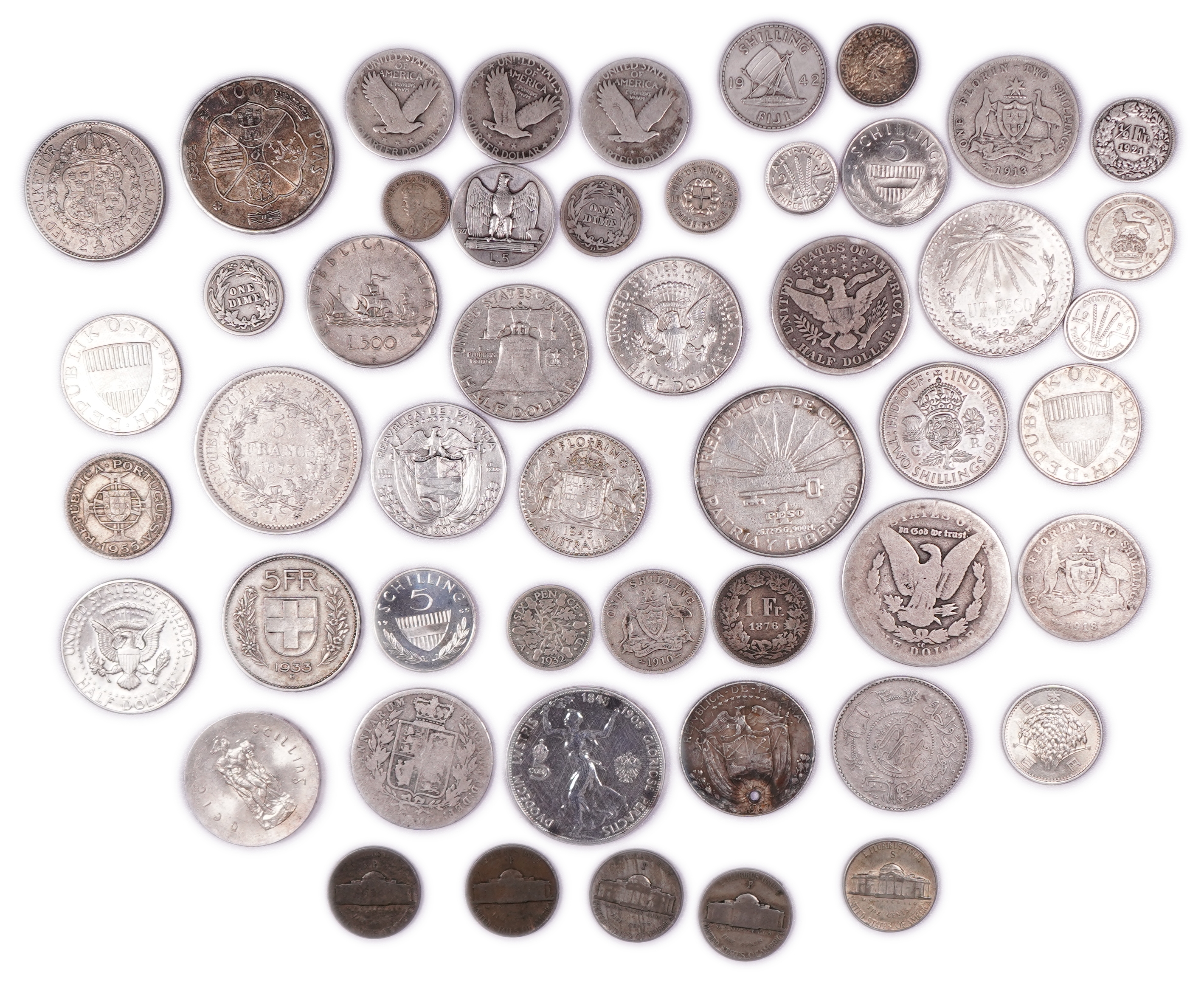 World Coins - Group of 51 Silver Coins from Various Countries, 19th and 20th Centuries - 458 g Total Weight - 1 1