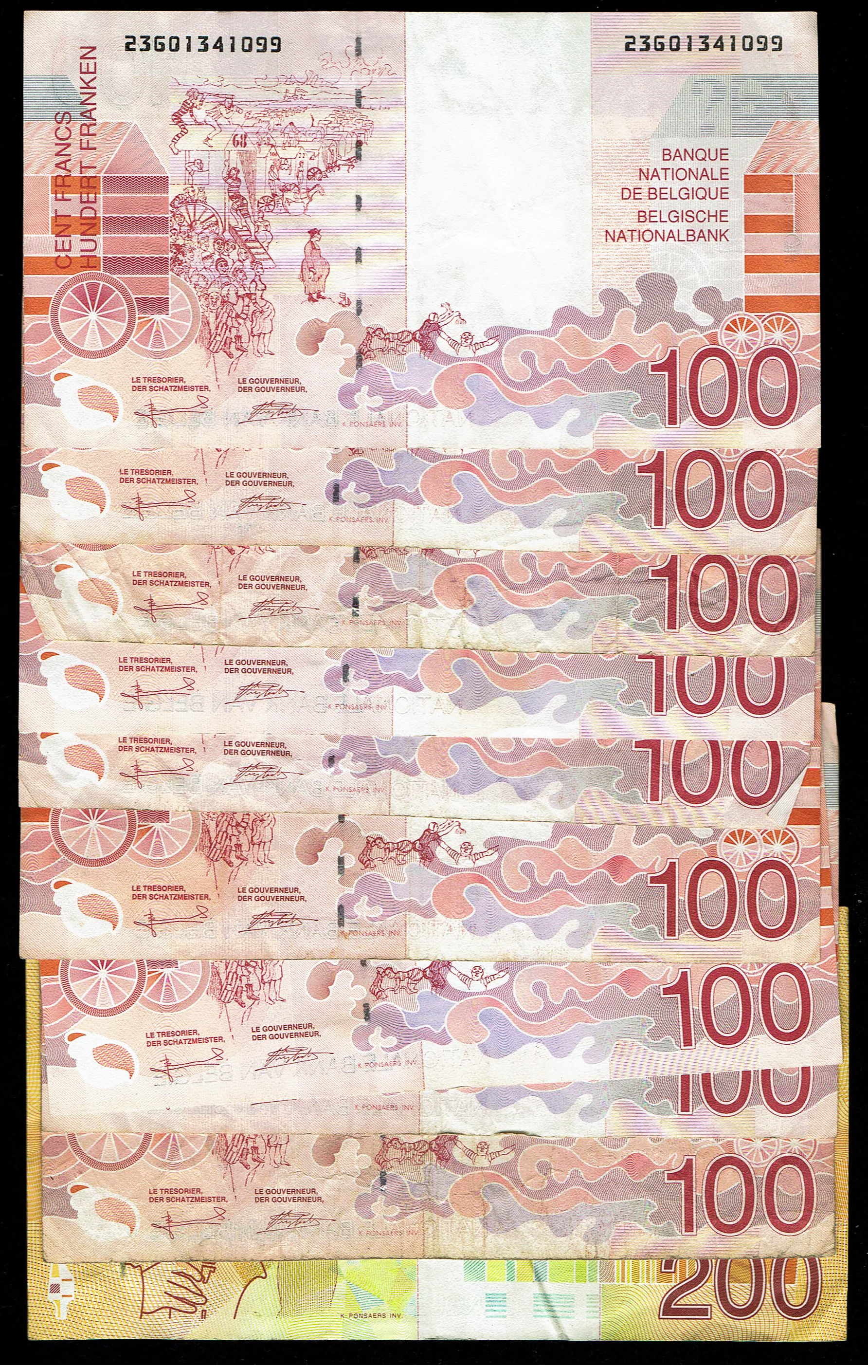 Belgium - Group of 10 Banknotes, Nine 100 Franc Notes and One 200 Franc Note - Total Face Value 1,100 Belgian Francs - 1 1
