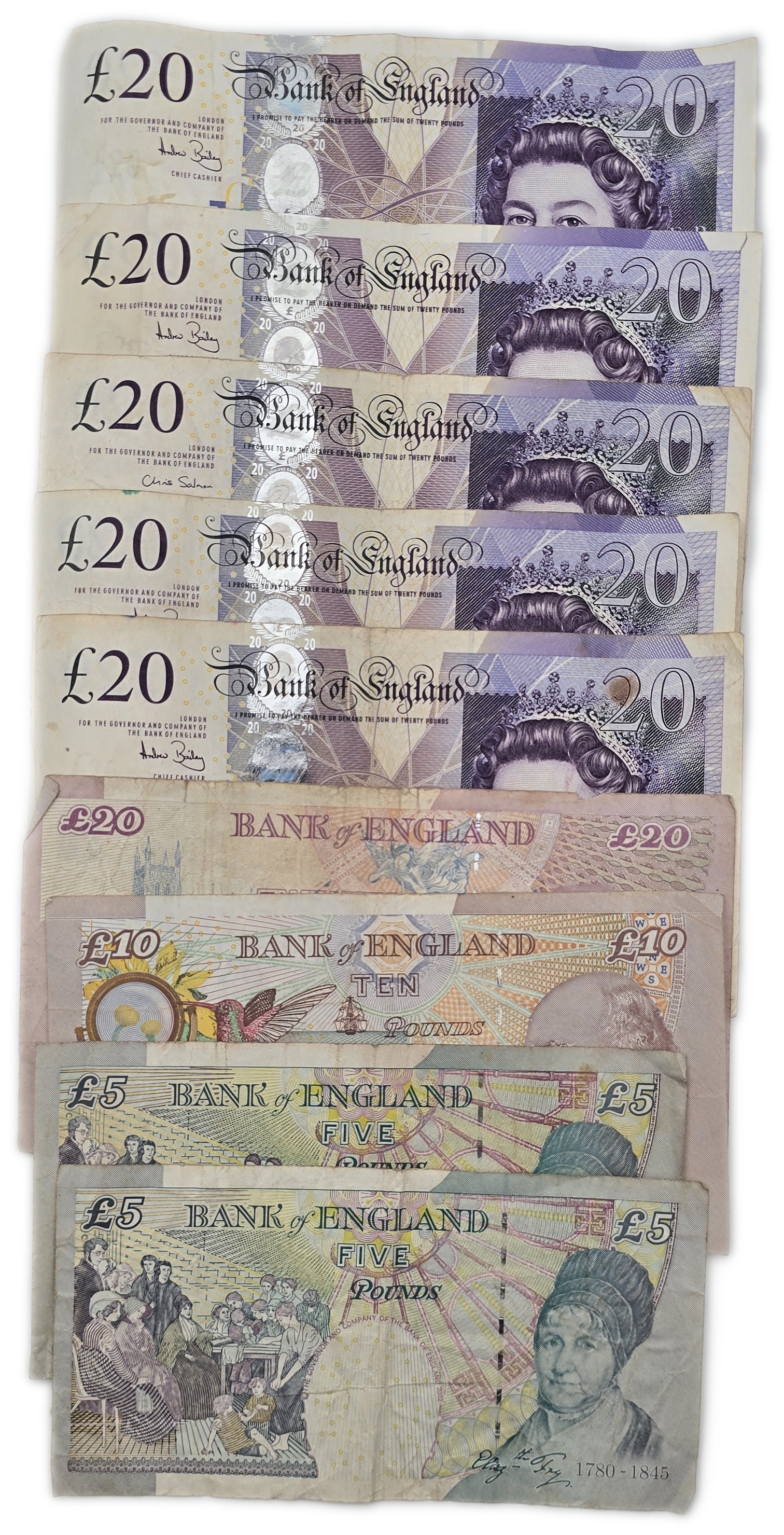 Great Britain / England - Group of 9 Bank of England Notes, £5, £10 and £20 Denominations - Total Face Value £140 - 1 1