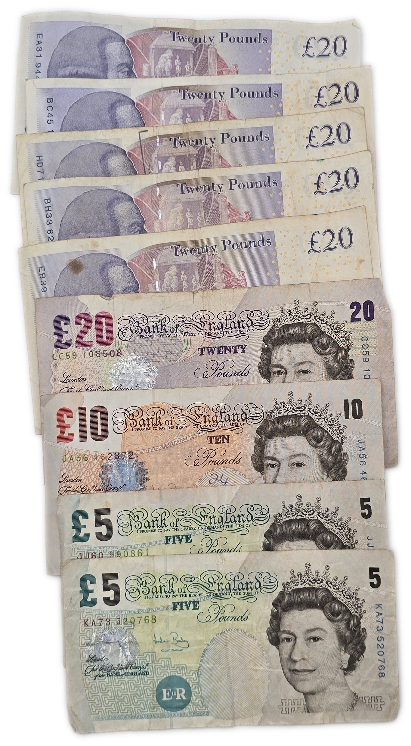 Great Britain / England - Group of 9 Bank of England Notes, £5, £10 and £20 Denominations - Total Face Value £140 - 1 0