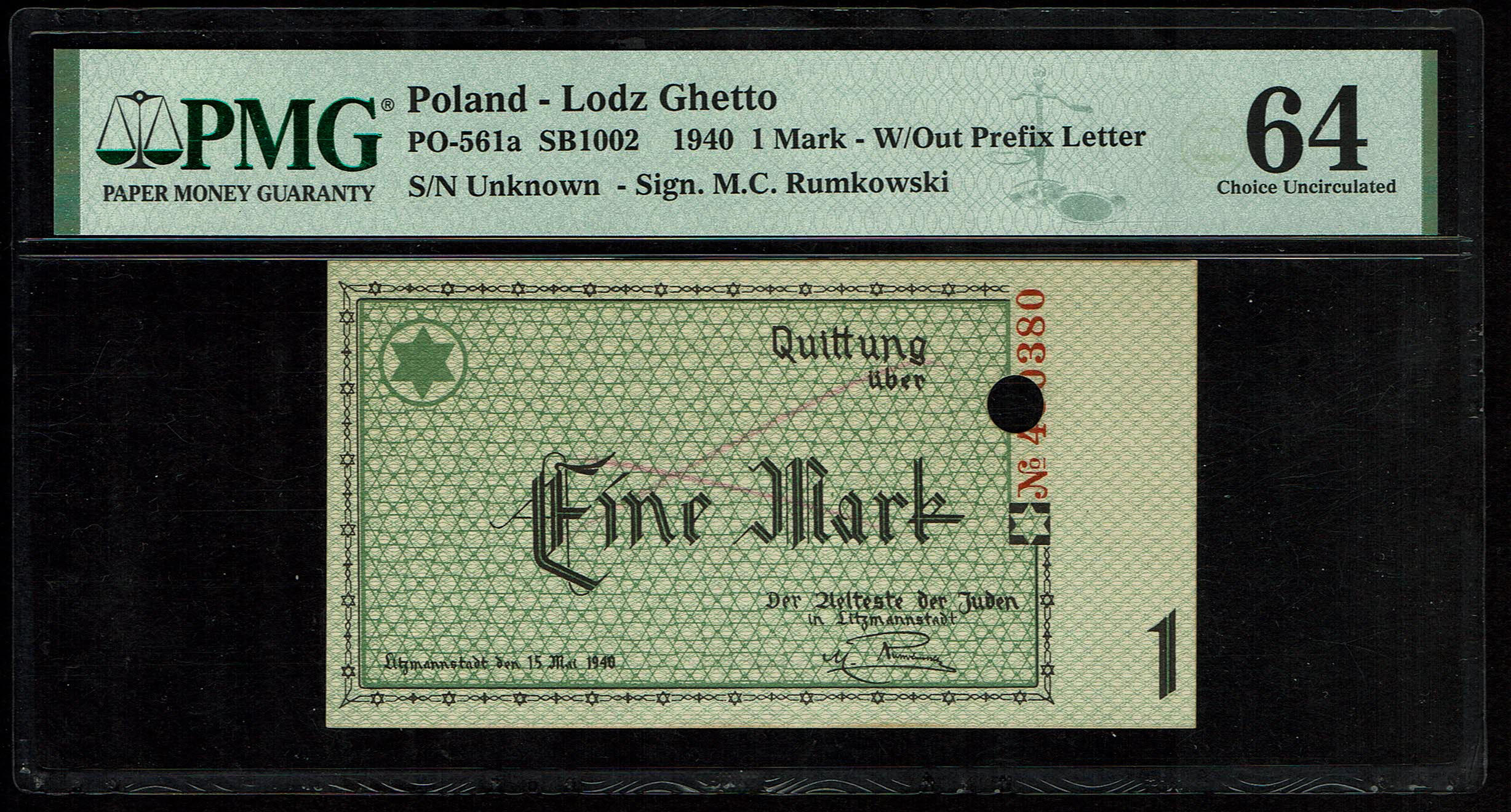 Holocaust and Camp Banknotes - Poland - Łódź Ghetto - 1 Mark 1940 - Ink and Punch Hole Cancelled, Very Rare Variety ... - 1 0