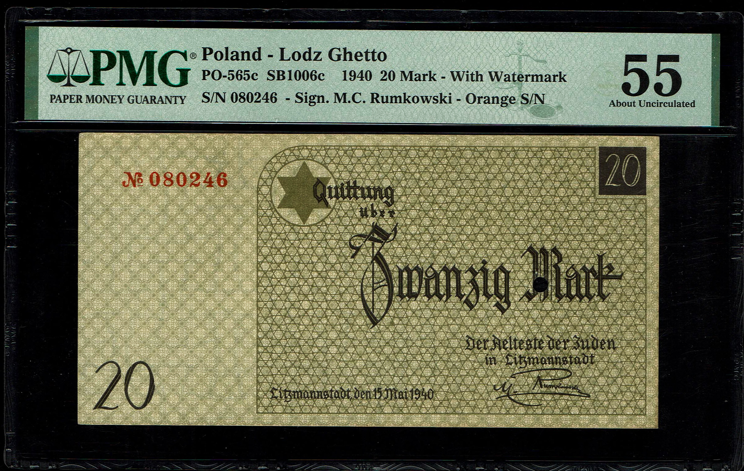 Holocaust and Camp Banknotes - Poland - Łódź Ghetto - 20 Mark 1940 With Watermark - Punch Hole Cancelled, Very Rare ... - 1 0