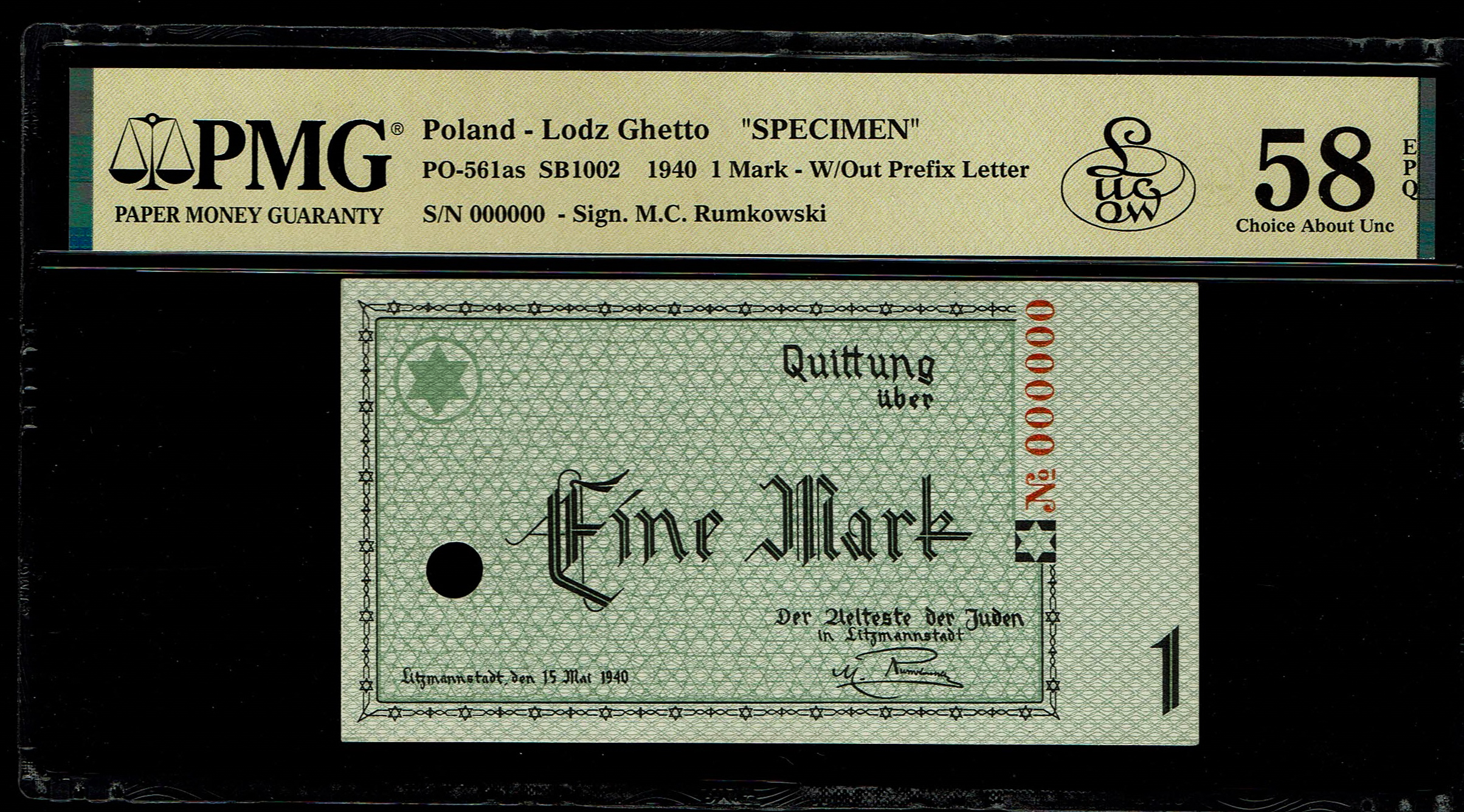 Holocaust and Camp Banknotes - Poland - Łódź Ghetto - 1 Mark 1940 Specimen Note - Punch Cancelled, Very Rare - PMG ... - 1 0