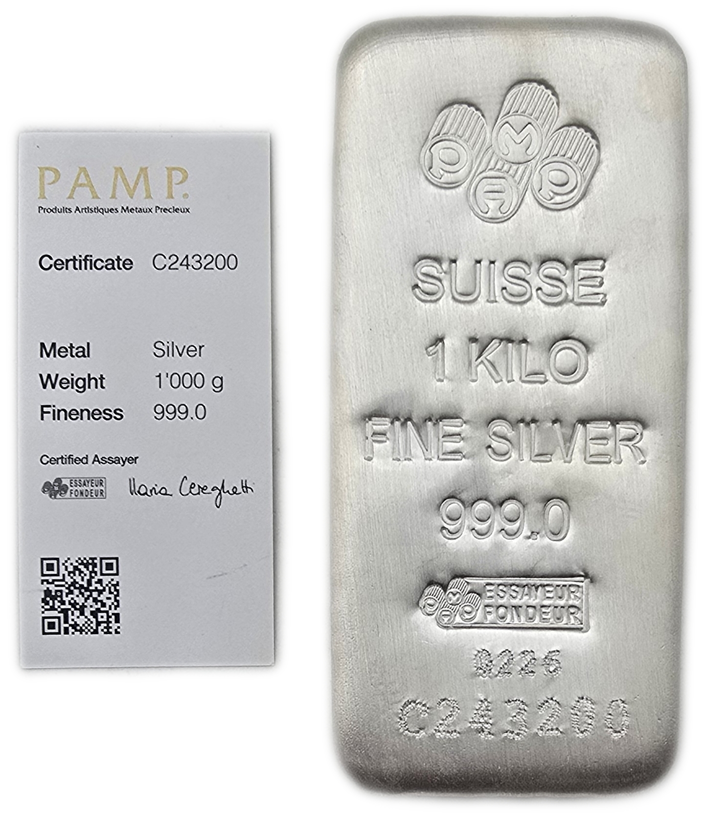 Bullion Bars - Switzerland - PAMP Suisse Silver Bar, 1 Kilo - Silver 999, 1,000 g, with Original Certificate