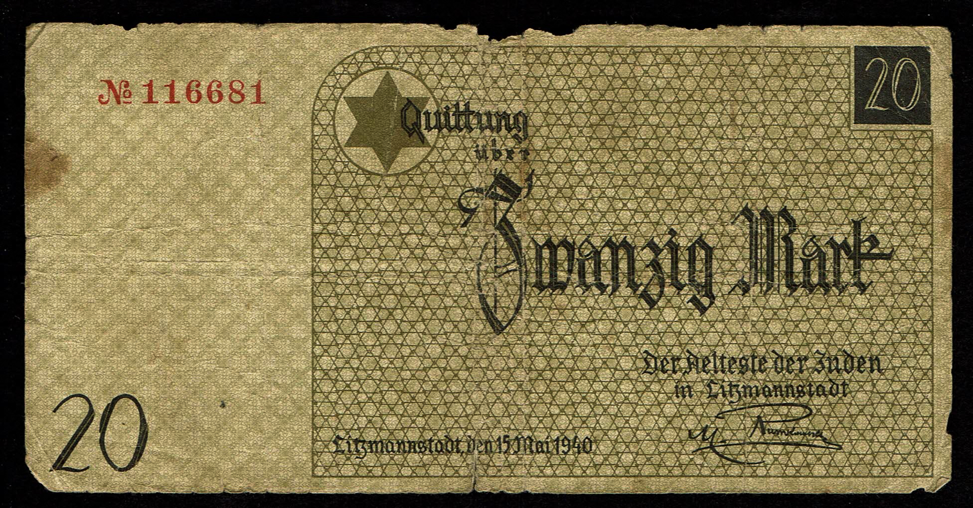 Holocaust and Camp Banknotes - Poland - Łódź Ghetto - 20 Mark 1940 With Watermark - 1 0