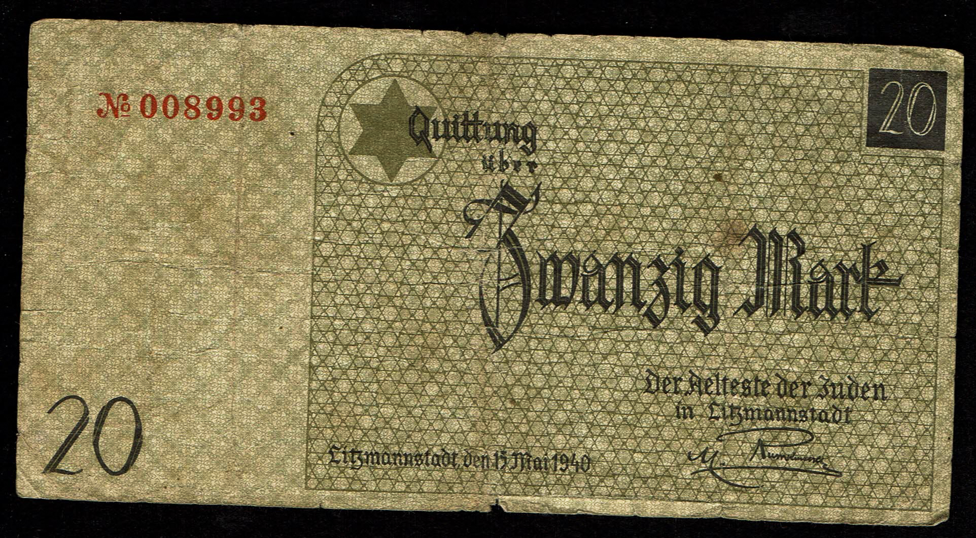 Holocaust and Camp Banknotes - Poland - Łódź Ghetto - 20 Mark 1940 - 1 0